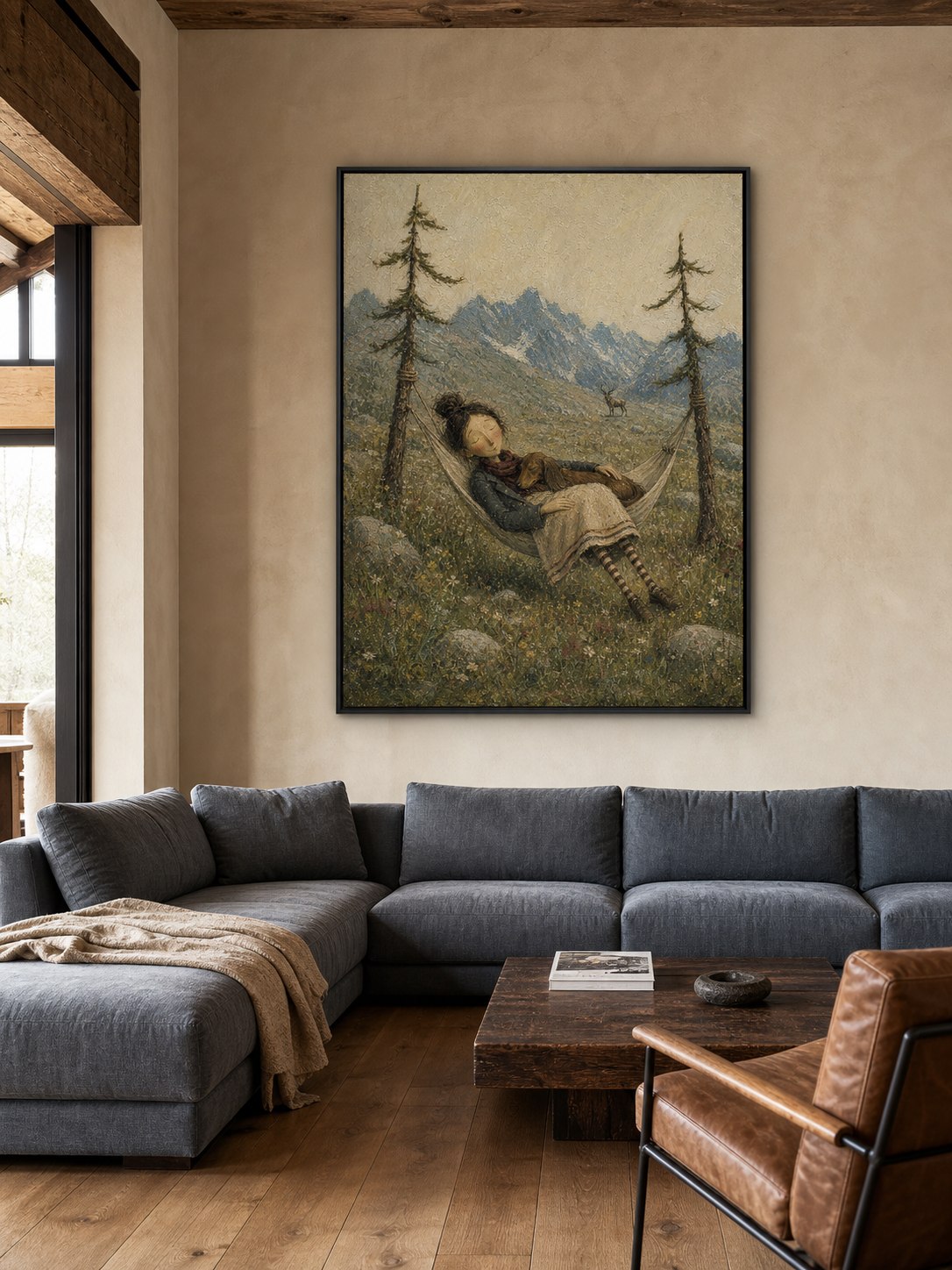 Serene Mountain Landscape Oil Painting With Hammock For Peaceful Living Room Wall Art