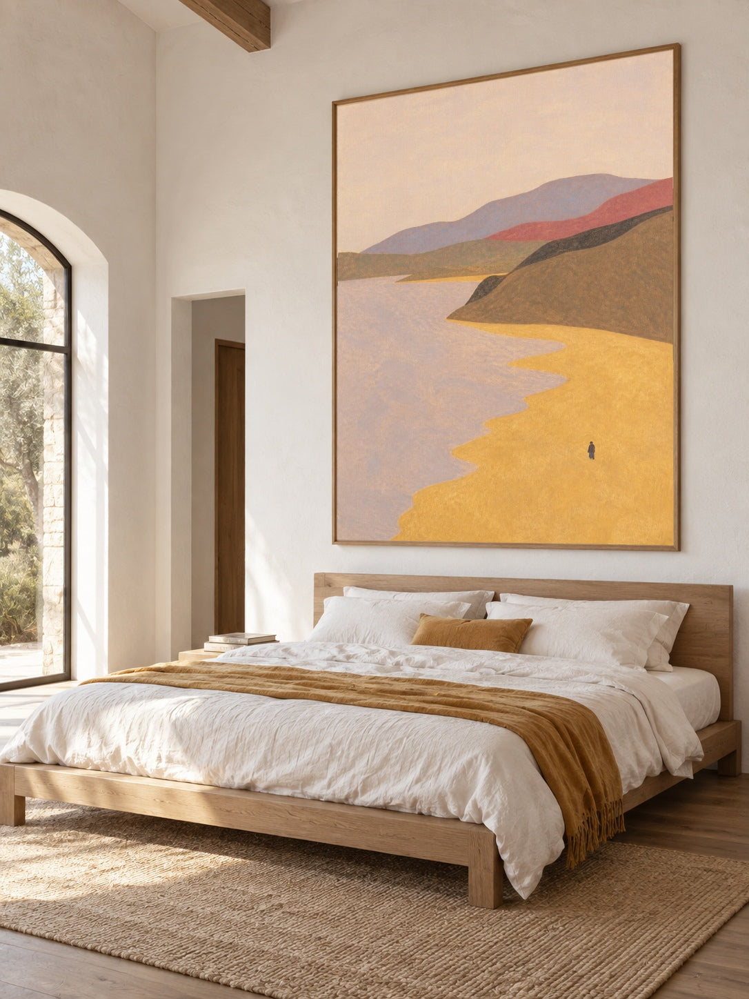 Hand-Painted Coastal Landscape Canvas Art With Golden Shore And Solitary Figure