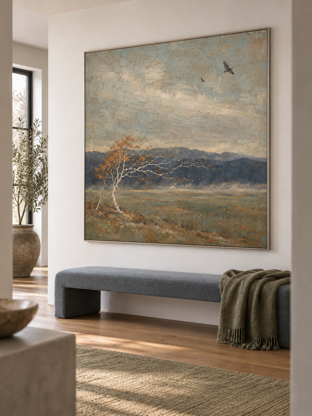 Neutral Windswept Tree And Birds Canvas Art For Quiet Modern Bedroom Decor
