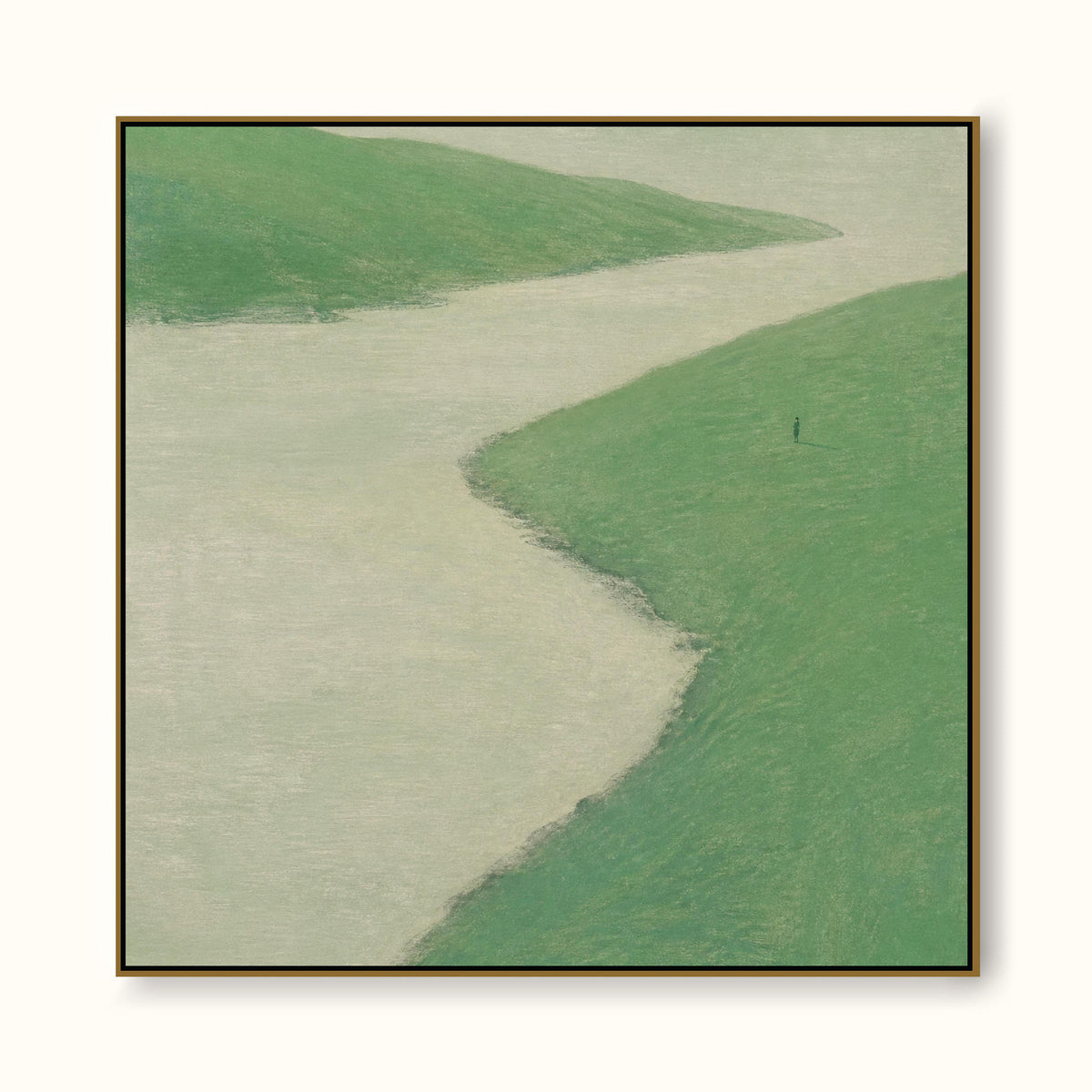 Fresh Green River Bend Canvas Art With Lone Figure For Calm Bedroom Decor