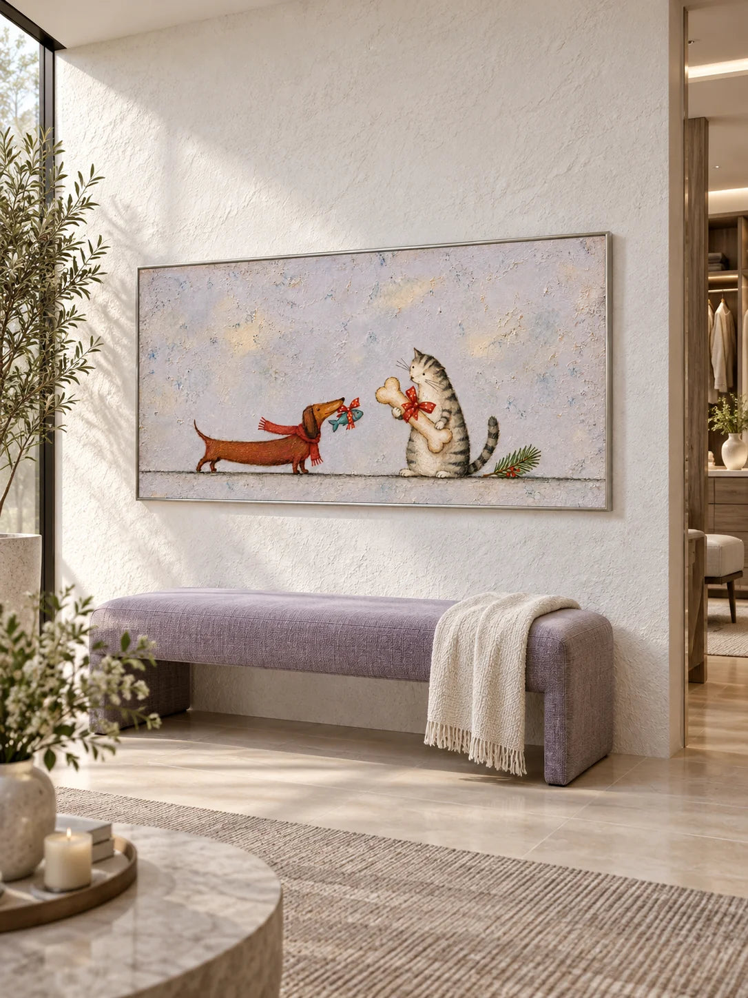 Hand-Painted Cat And Dog Art With Holiday Gifts Canvas Painting