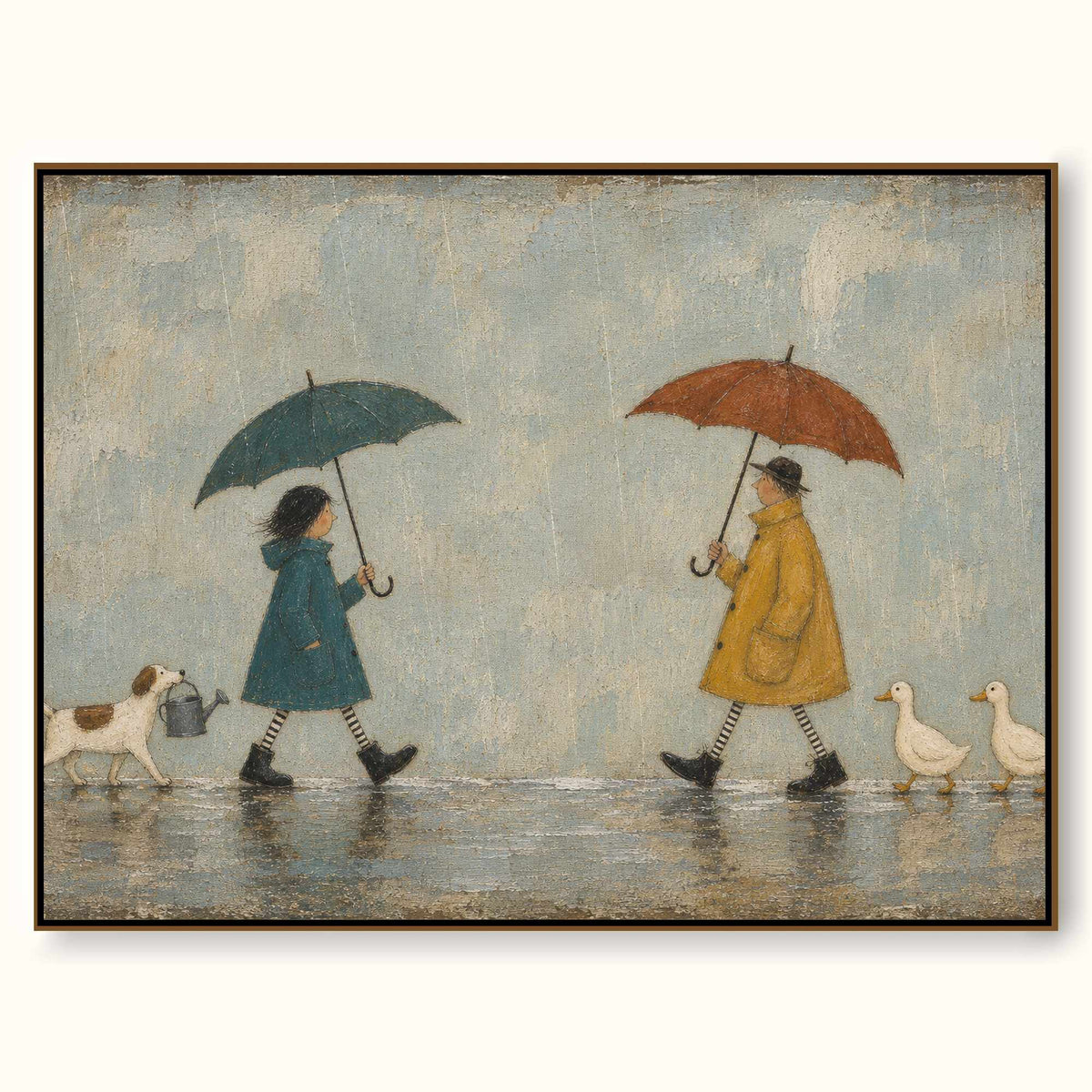 Whimsical Couple With Umbrellas Dogs And Ducks Hand Painted Wall Art