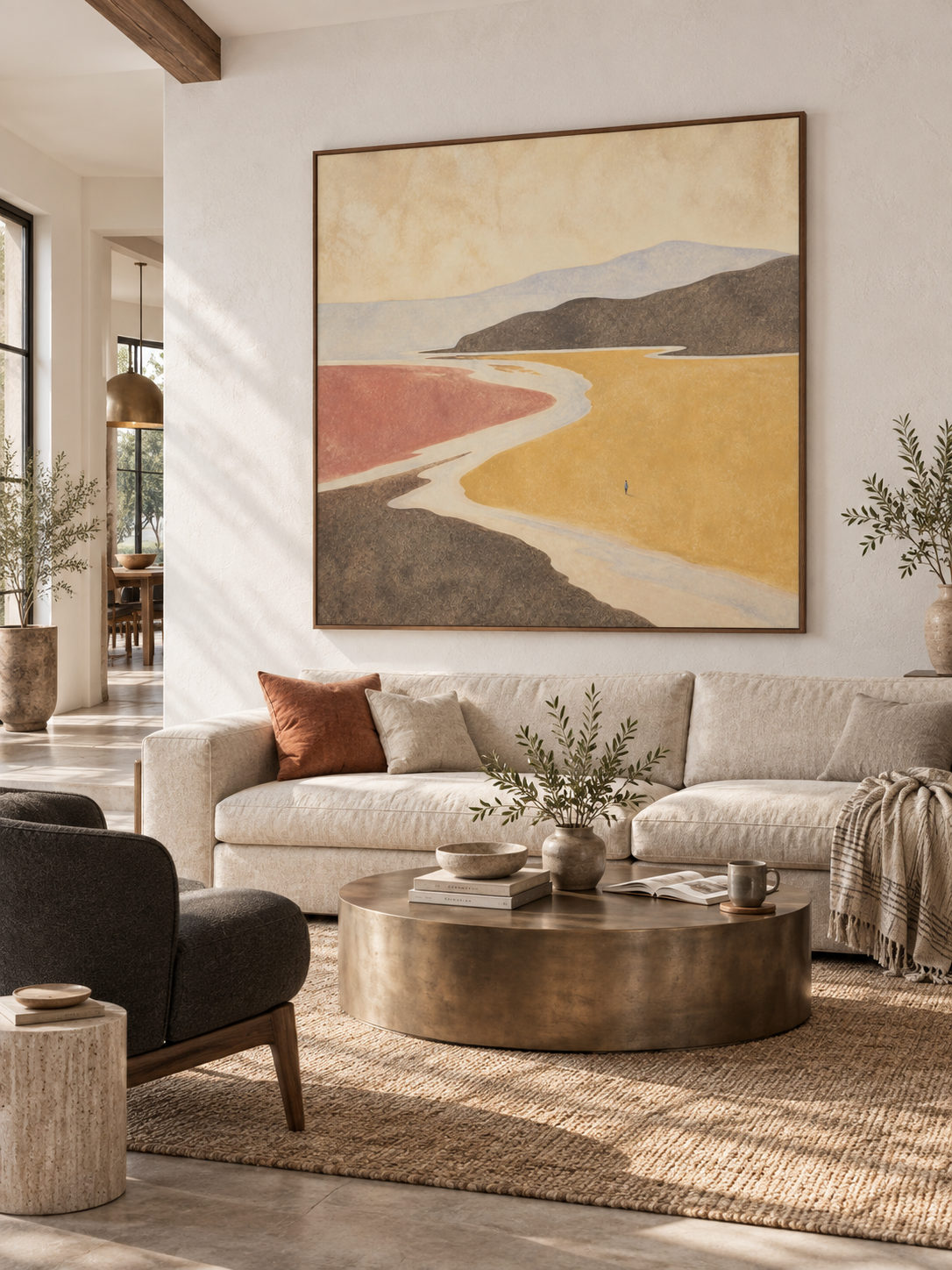 Contemporary Ochre And Rose Landscape Wall Art For Modern Bedroom Decor