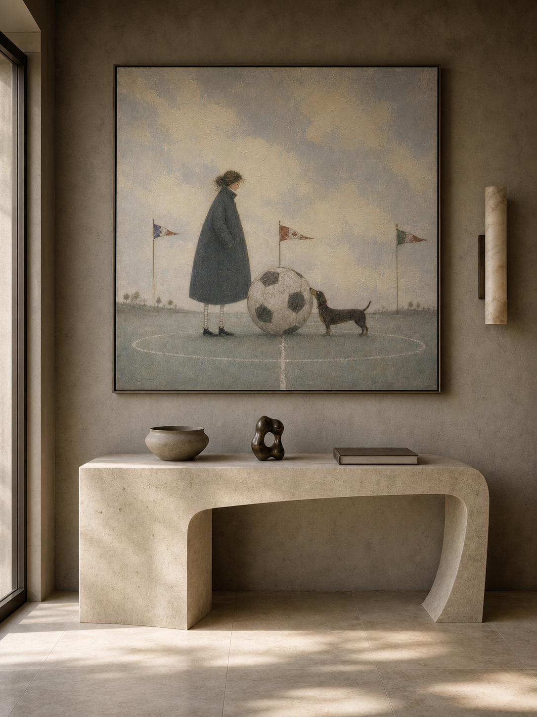 Whimsical Soccer Art Print With Dog And Man In Blue Grey Tones For Modern Home Decor