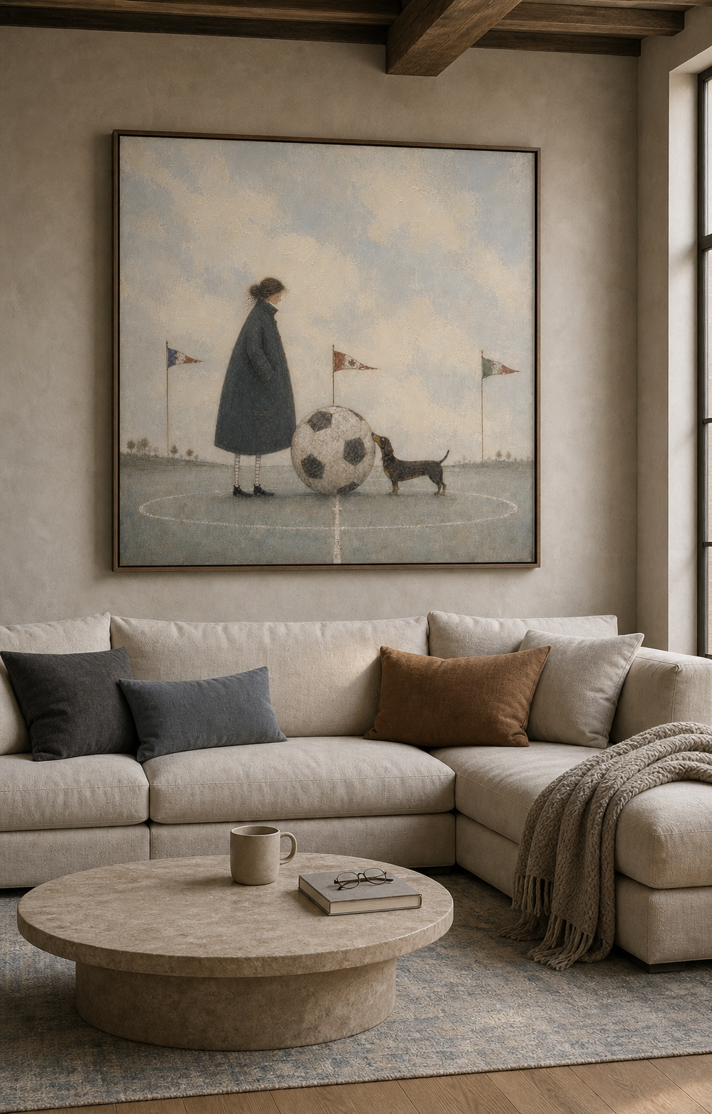 Whimsical Soccer Art Print With Dog And Man In Blue Grey Tones For Modern Home Decor