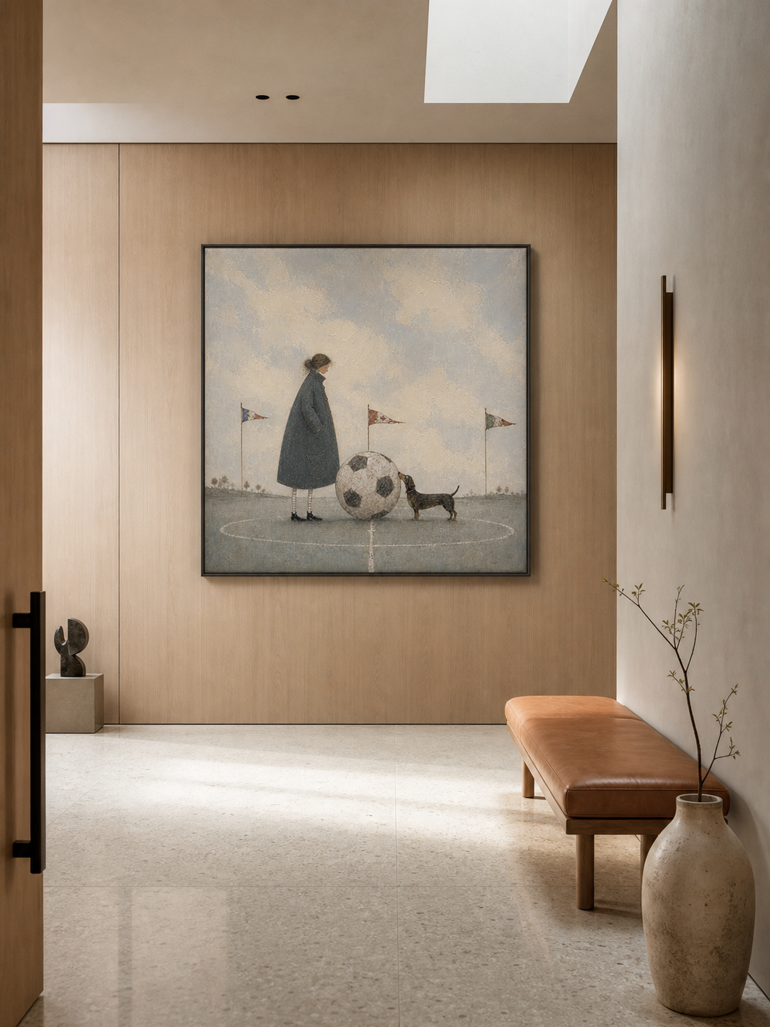 Whimsical Soccer Art Print With Dog And Man In Blue Grey Tones For Modern Home Decor