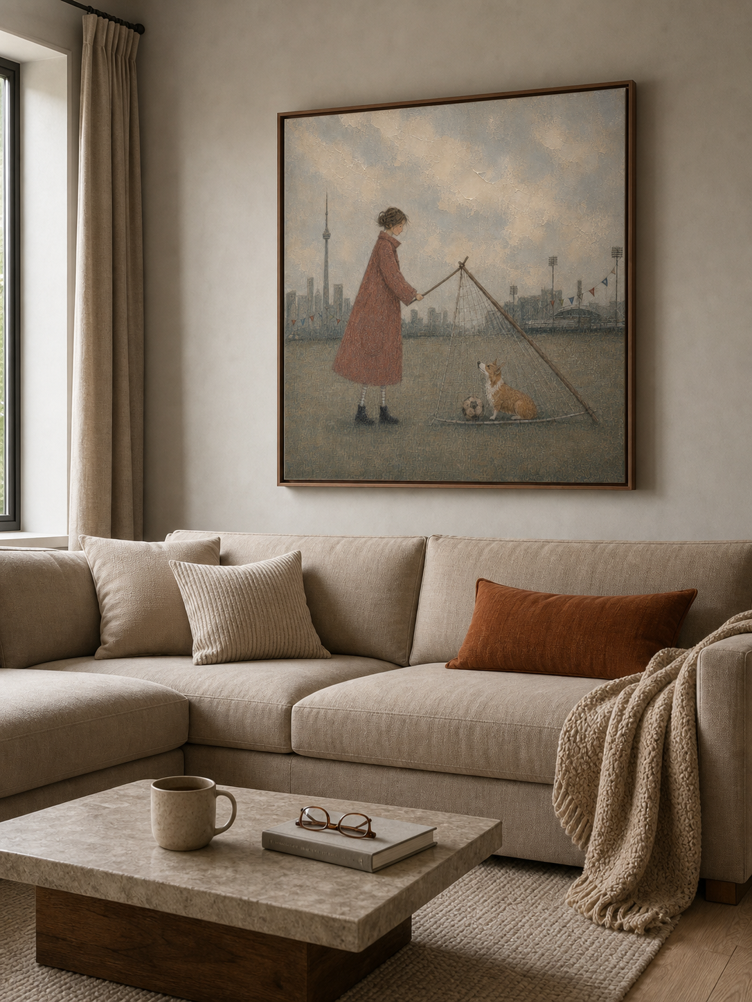 Original Hand Painted Corgi Soccer Painting Whimsical City Wall Art