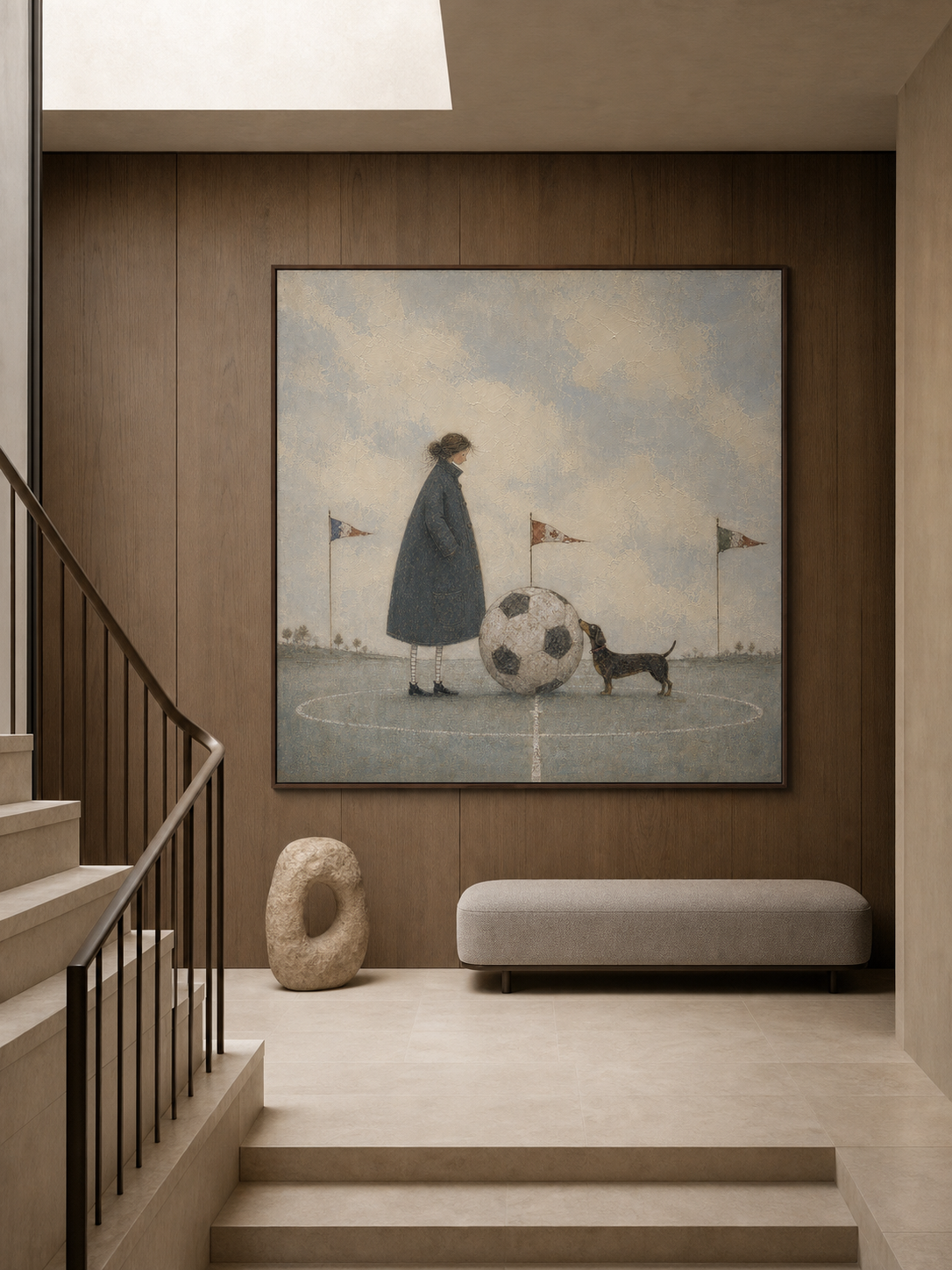 Whimsical Soccer Art Print With Dog And Man In Blue Grey Tones For Modern Home Decor