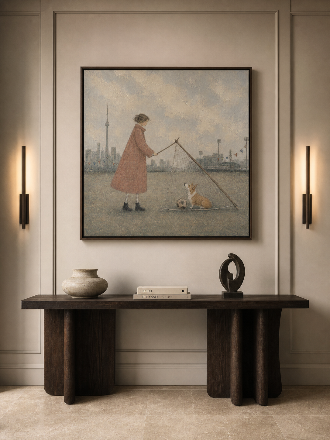 Original Hand Painted Corgi Soccer Painting Whimsical City Wall Art
