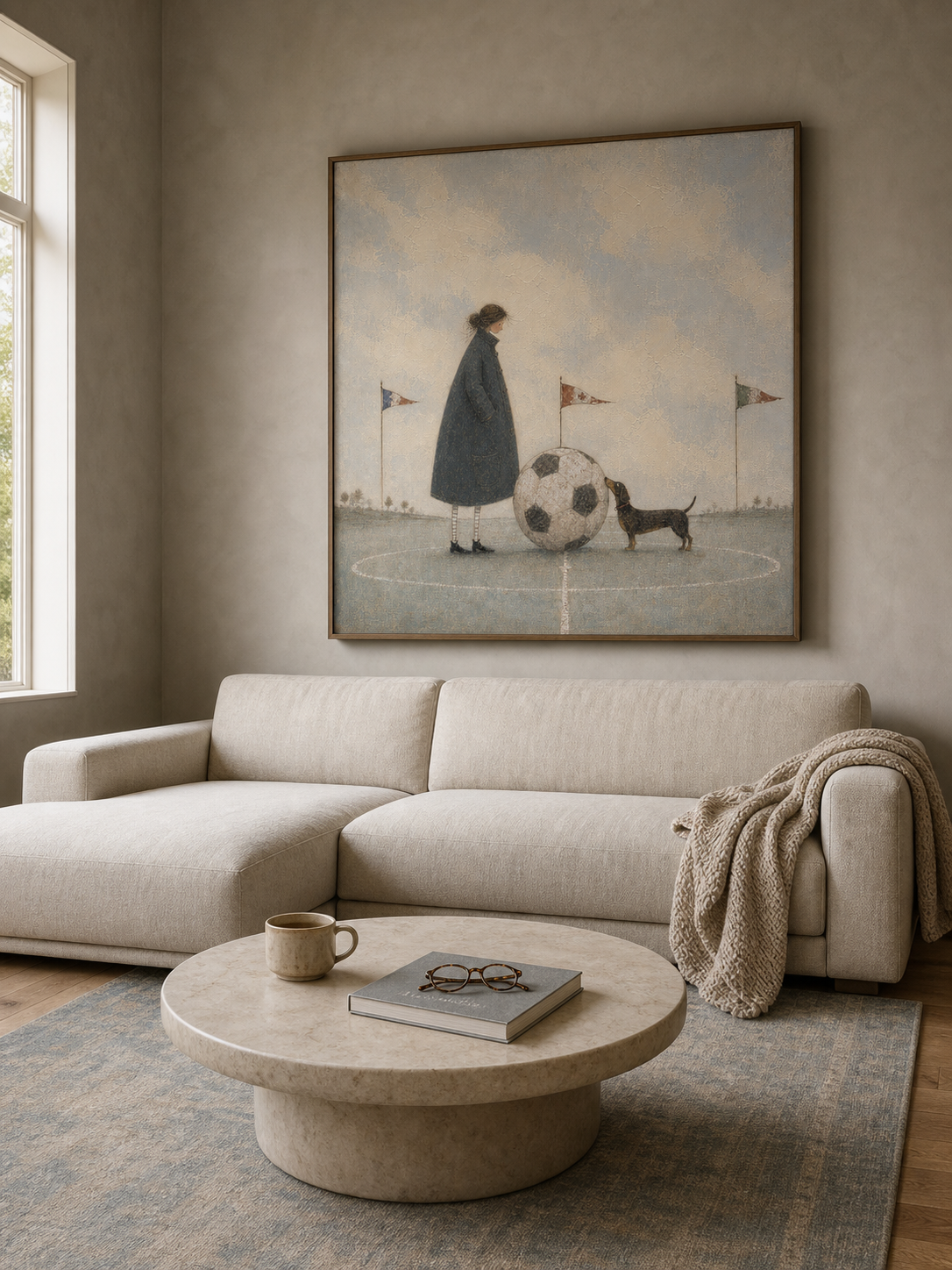 Whimsical Soccer Art Print With Dog And Man In Blue Grey Tones For Modern Home Decor
