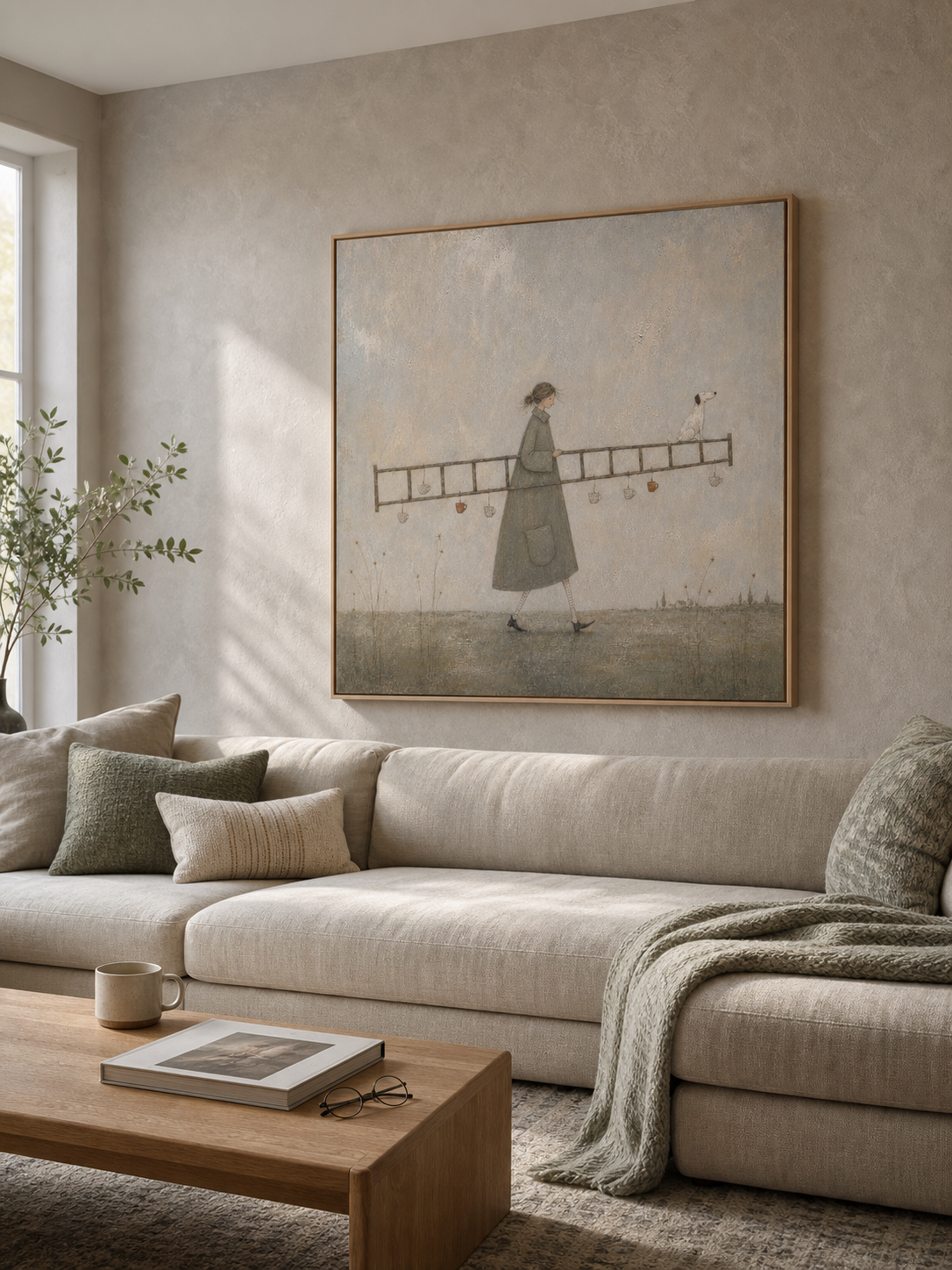 Original Man With Ladder Oil Painting Handmade Whimsical Wall Art For Living Room