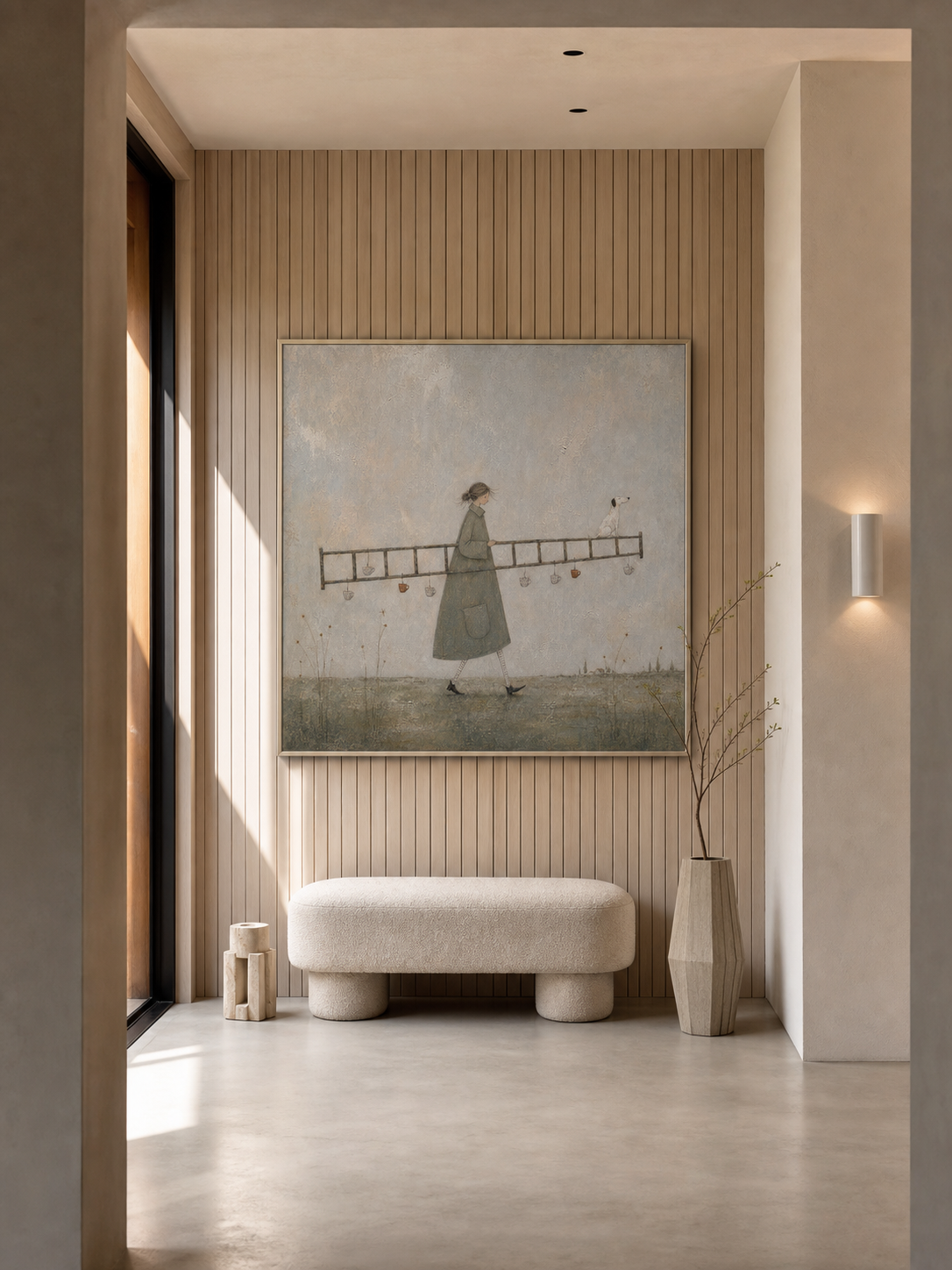 Original Man With Ladder Oil Painting Handmade Whimsical Wall Art For Living Room