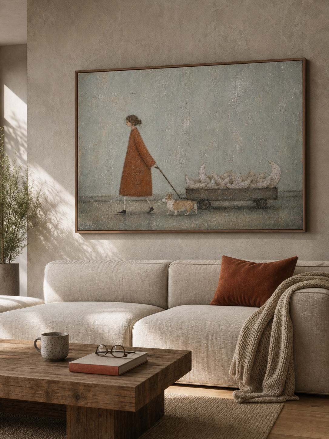 Original Hand Painted Corgi Paper Boat Painting Whimsical Storybook Wall Art