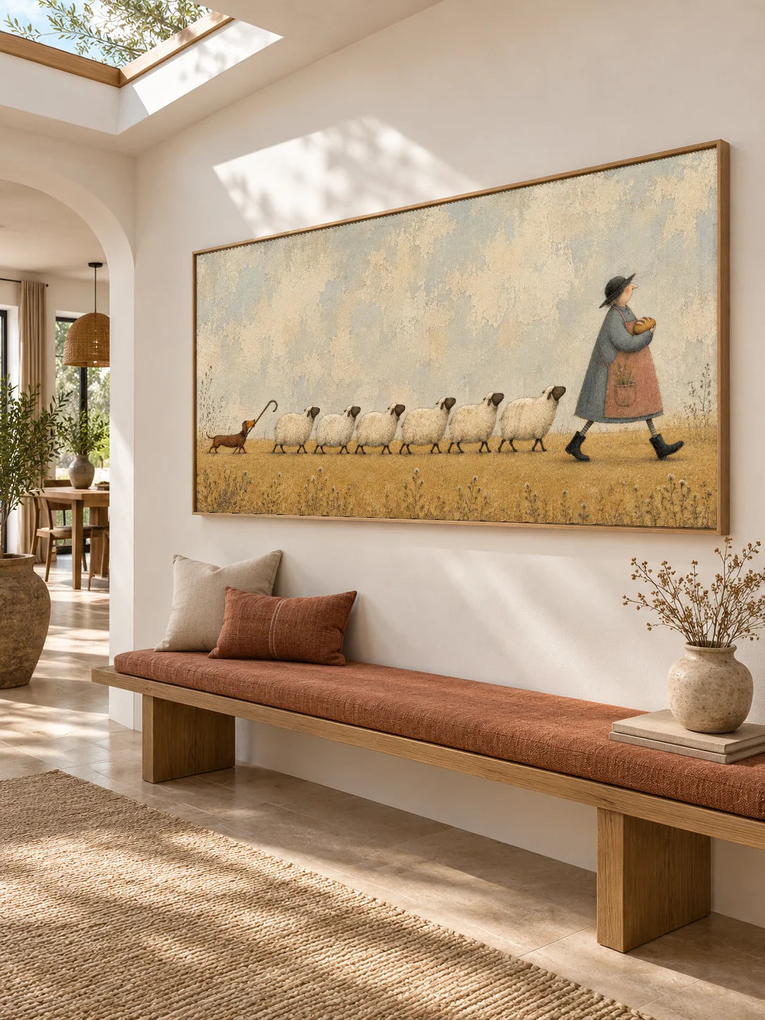 Whimsical Sheep And Dachshund Farm Animal Canvas Painting Hand Painted Wall Art