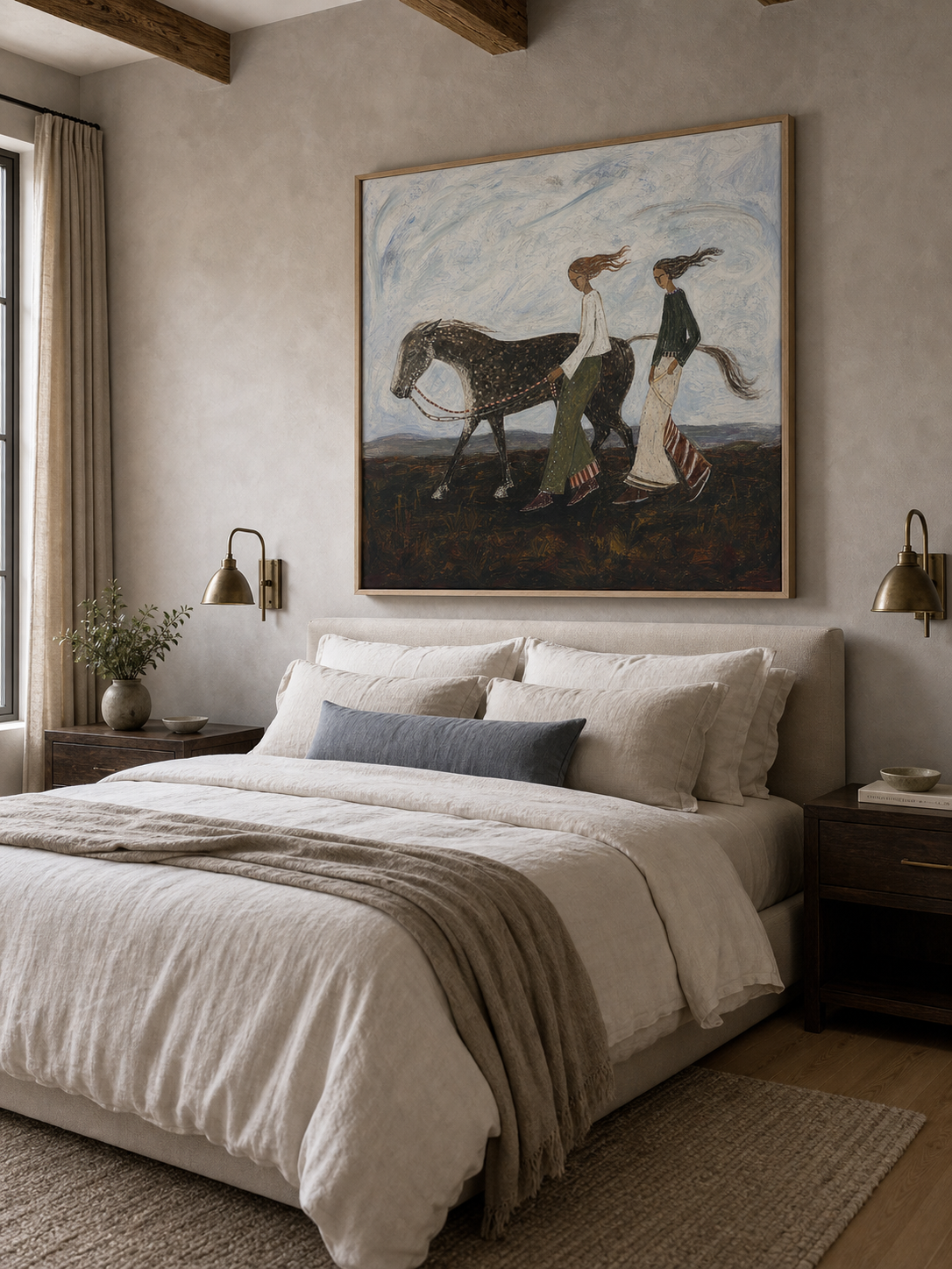 Hand Painted Folk Art Horse Painting With People In Earthy Tones For Living Room Decor