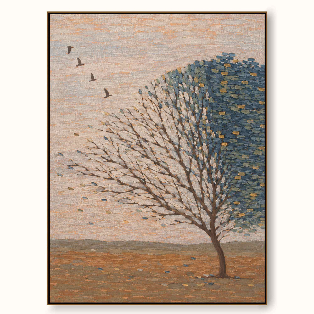 Minimalist Tree Landscape Painting Large Teal And Gold Nature Wall Art Canvas