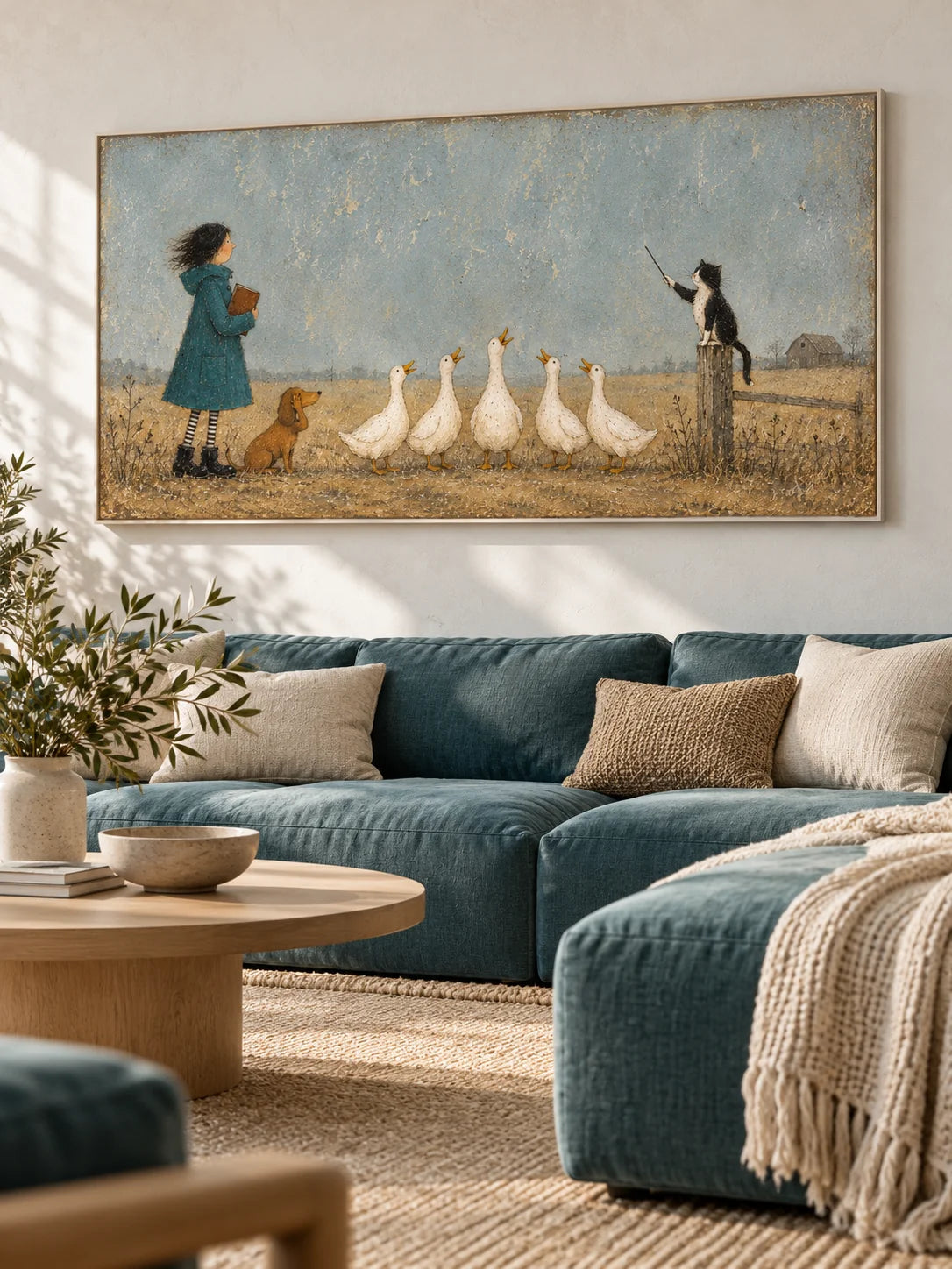 Whimsical Cat And Duck Farm Animal Canvas Painting Hand Painted Wall Art