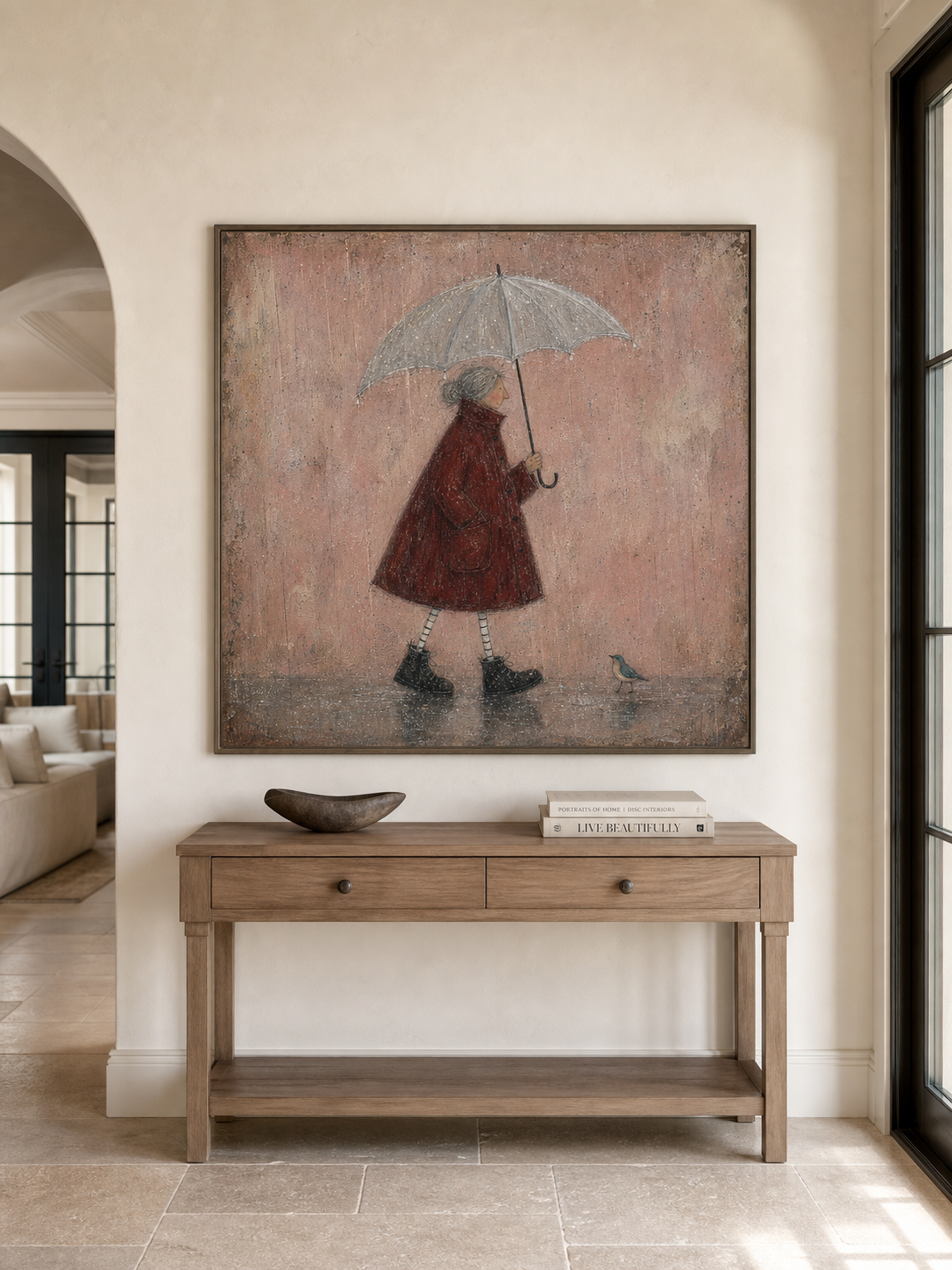 Original Handmade Painting Red Coat Woman In Rain Minimalist Wall Art