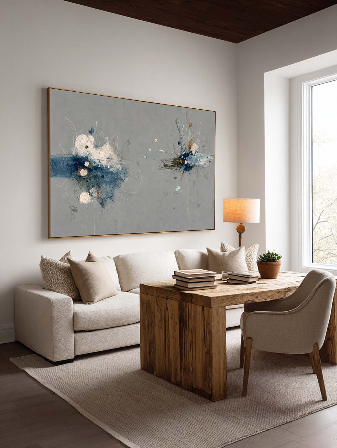 Large Horizontal Abstract Grey Blue Painting For Modern Living Room Decor