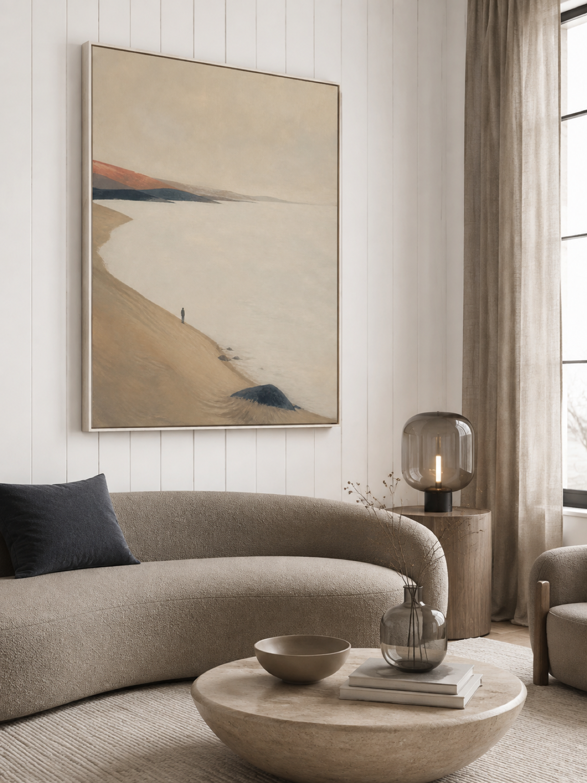 Lone Traveler On Coastal Dunes Hand-Painted Canvas Art In Beige And Grey