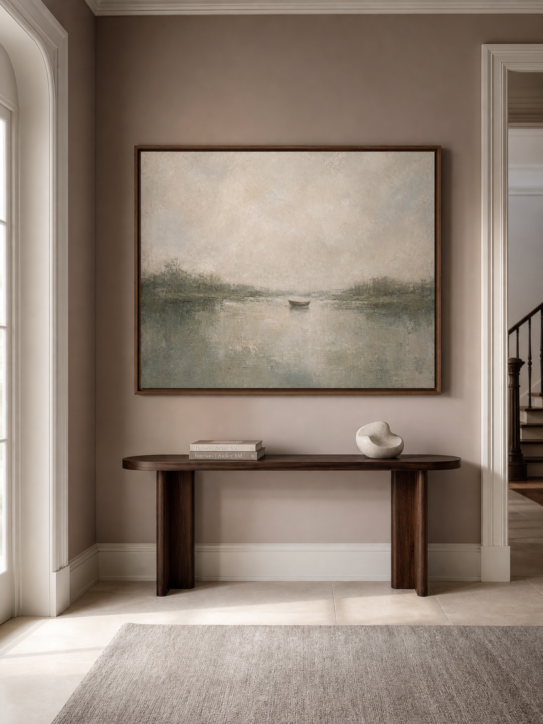Original Neutral Landscape Oil Painting Framed Vintage Boat Scene