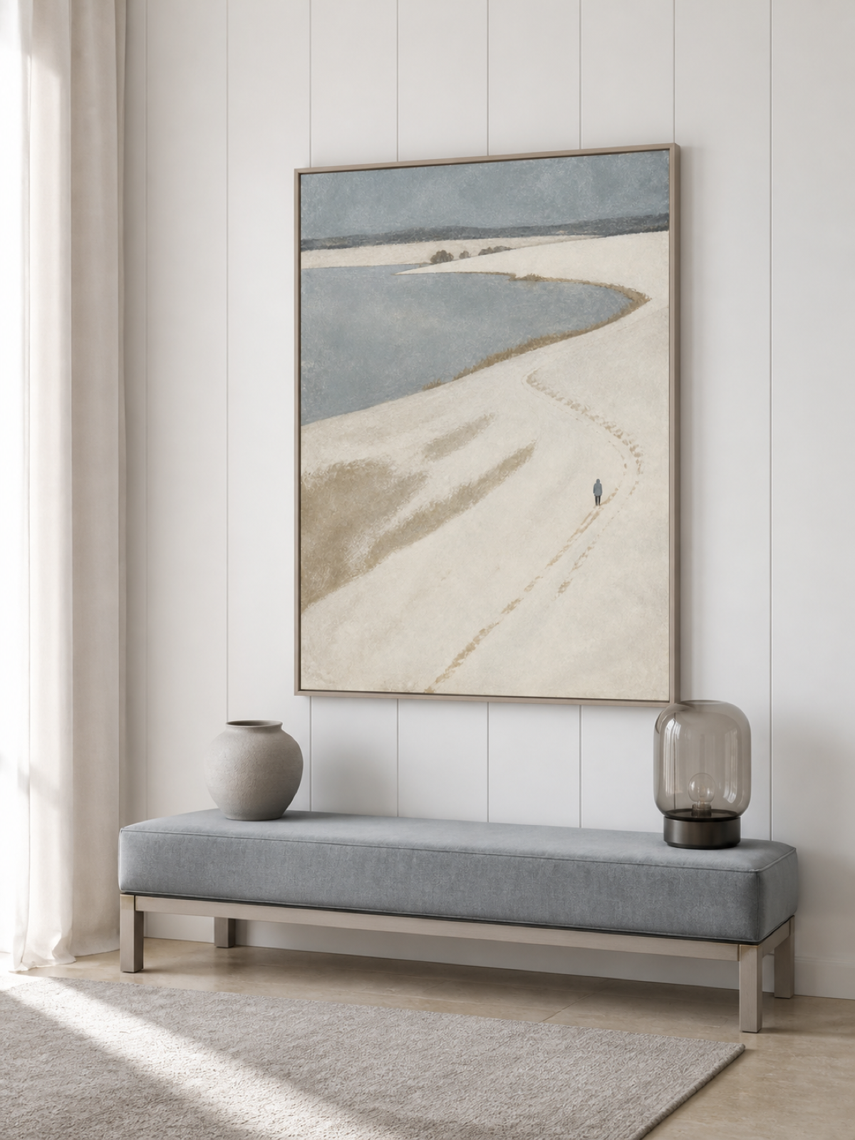 Solitary Walker Following A Snowy Coastal Path Contemporary Oil Painting