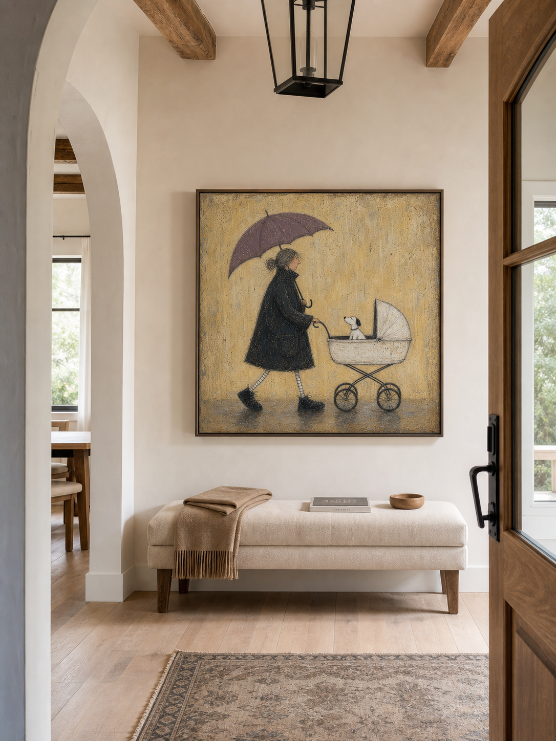 Vintage Minimalist Woman And Pet Wall Art Textured Acrylic Painting For Modern Living Room