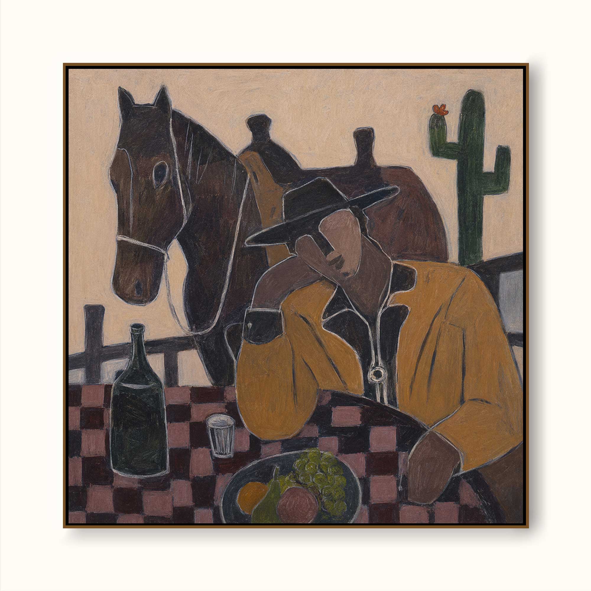 Modern Cowboy And Horse Painting For Rustic Home Decor With Earthy Tones