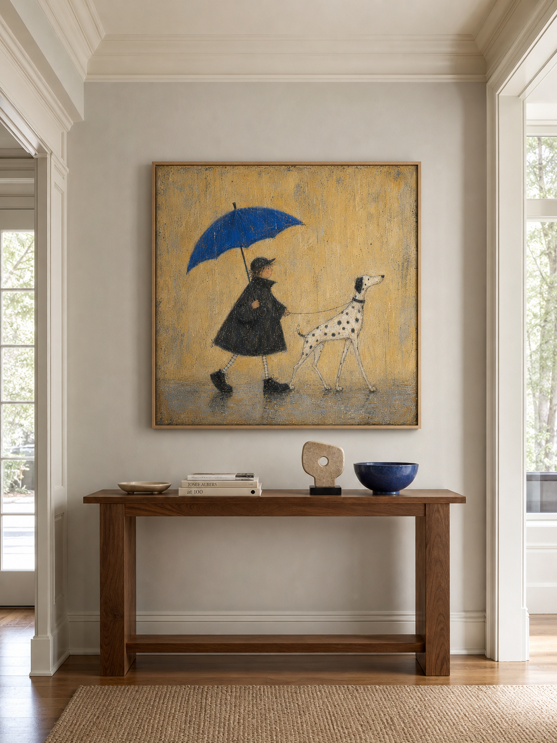 Original Handmade Painting Boy And Dalmatian Dog In Rain Minimalist Wall Art
