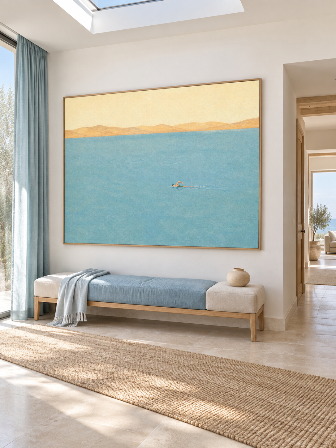 Hand-Painted Blue Swimmer Wall Art Minimalist Freestyle Art For Bedroom Decor