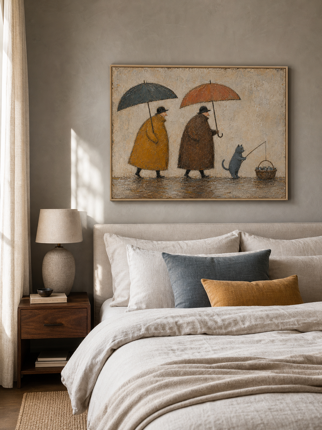 Whimsical Cat Fishing Canvas Art Umbrella Walk Vintage Rainy Oil Painting
