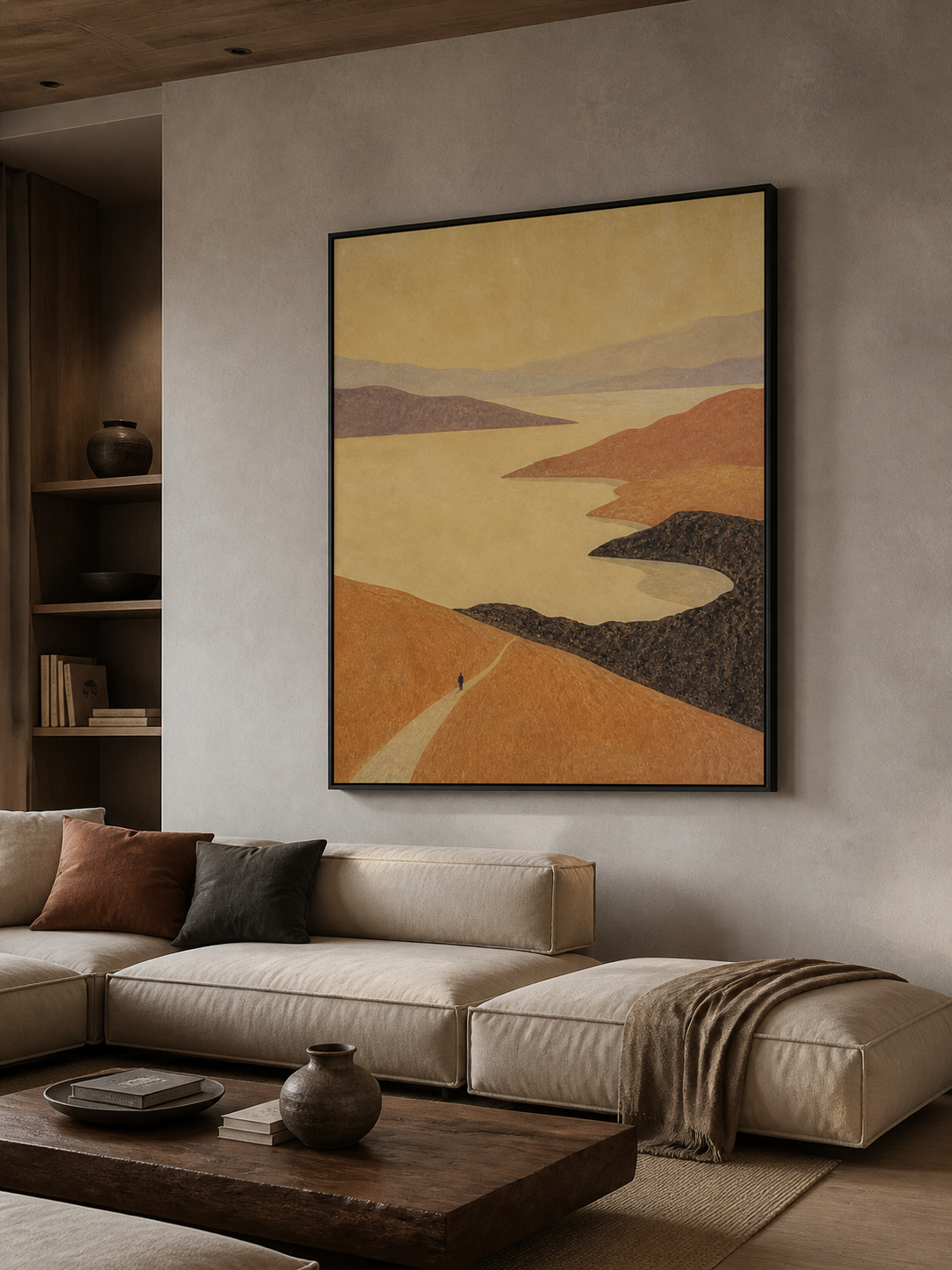 Abstract Lake Landscape Canvas Painting With Solitary Figure In Beige And Brown