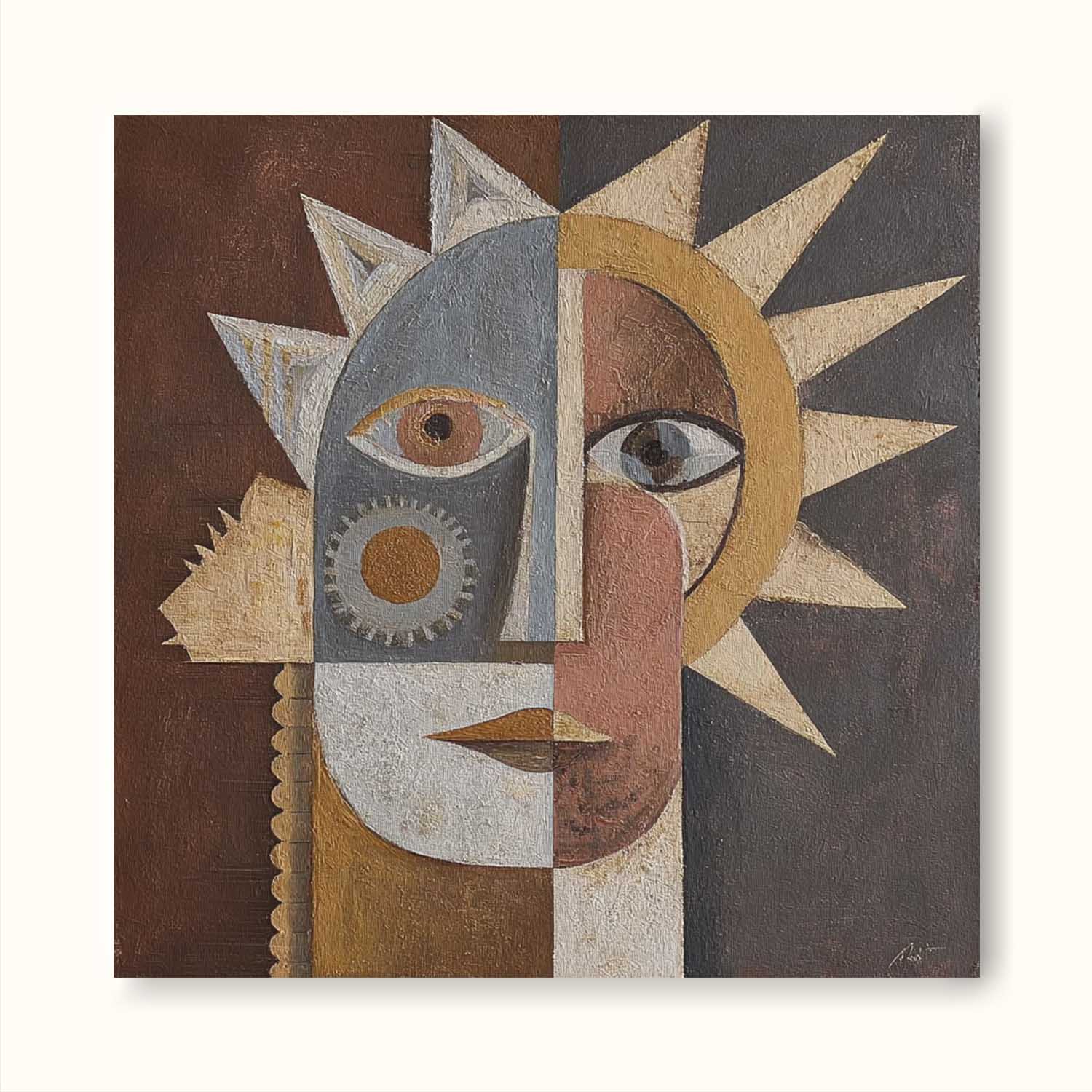 Large Textured Geometric Abstract Face Painting Contemporary Textured Abstract Sun Canvas Brown Canvas Wall Art