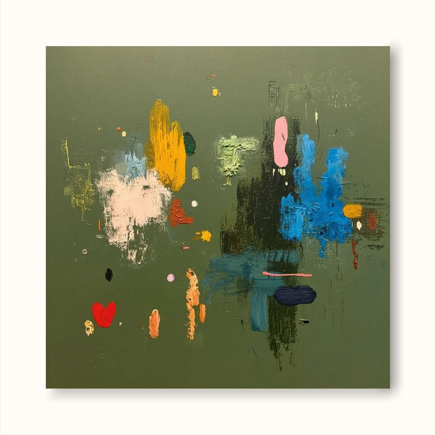 Original Handmade Colorful Abstract Painting On Green Canvas Colorful Square Canvas For Modern Interiors