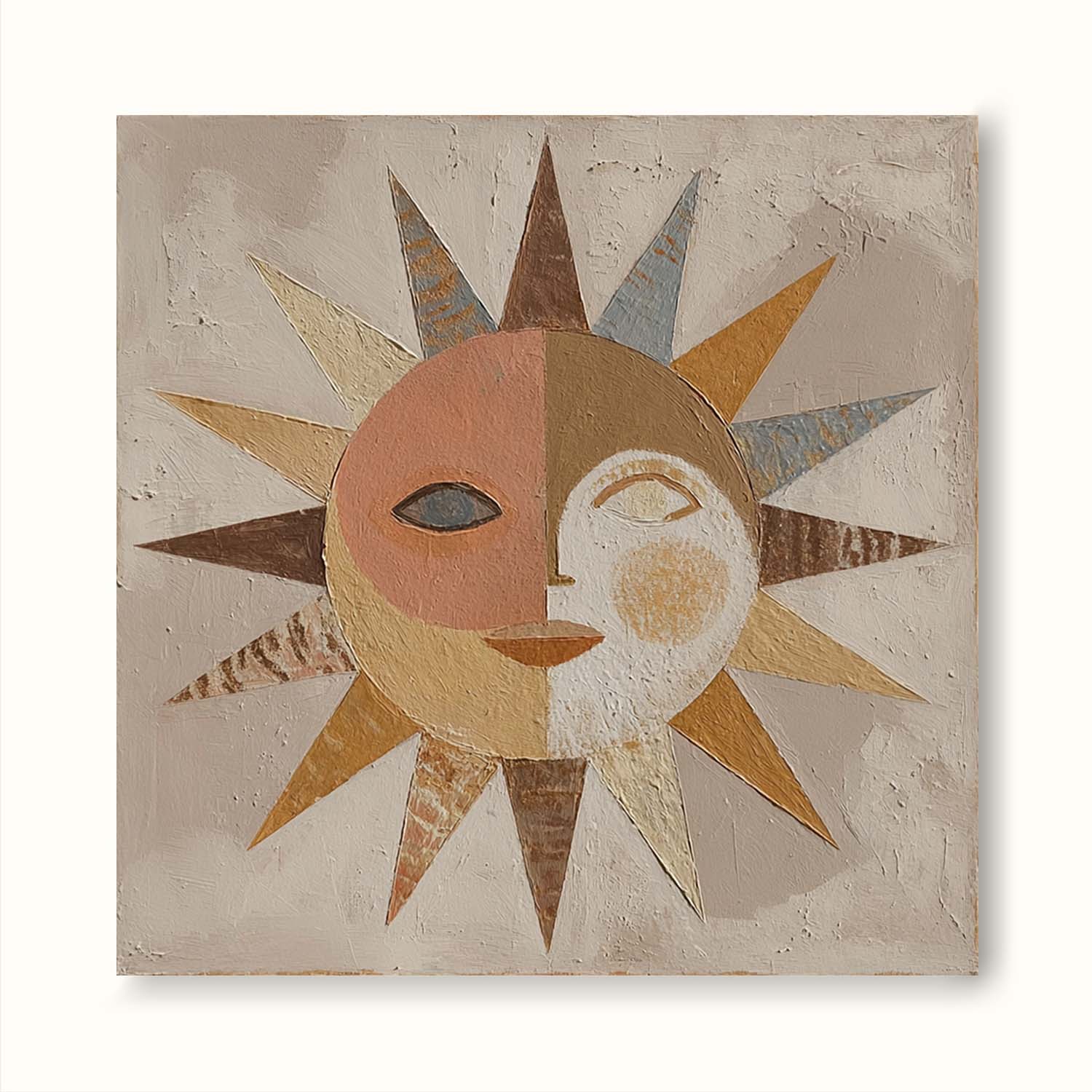 Original Textured Abstract Sun Face Wall Art Large Textured Abstract Portrait Canvas Neutral Beige Canvas Wall Art