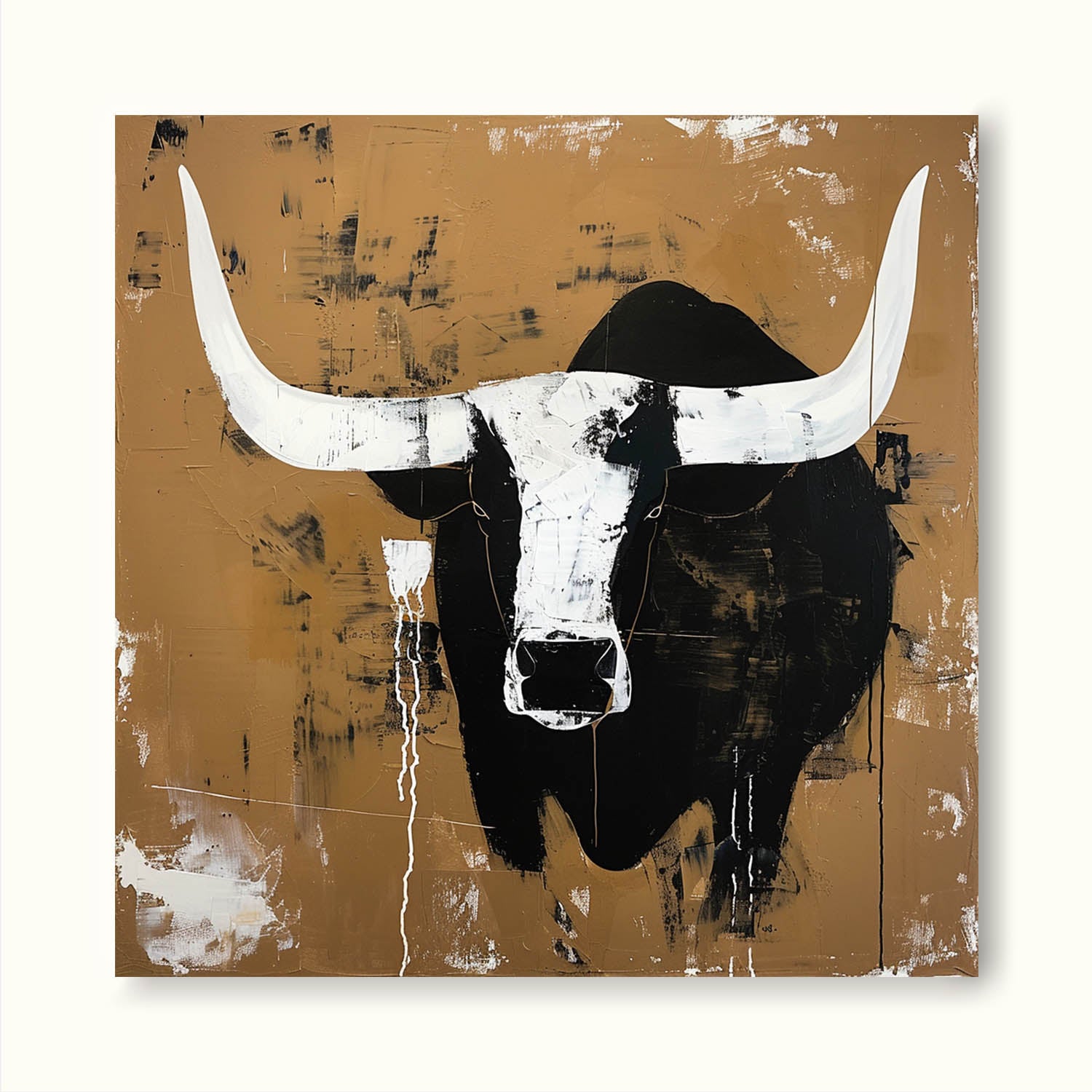 Retro White And Black Bull Horns Wall Art Vintage Bull Abstract Canvas Painting Large Bull Canvas Art