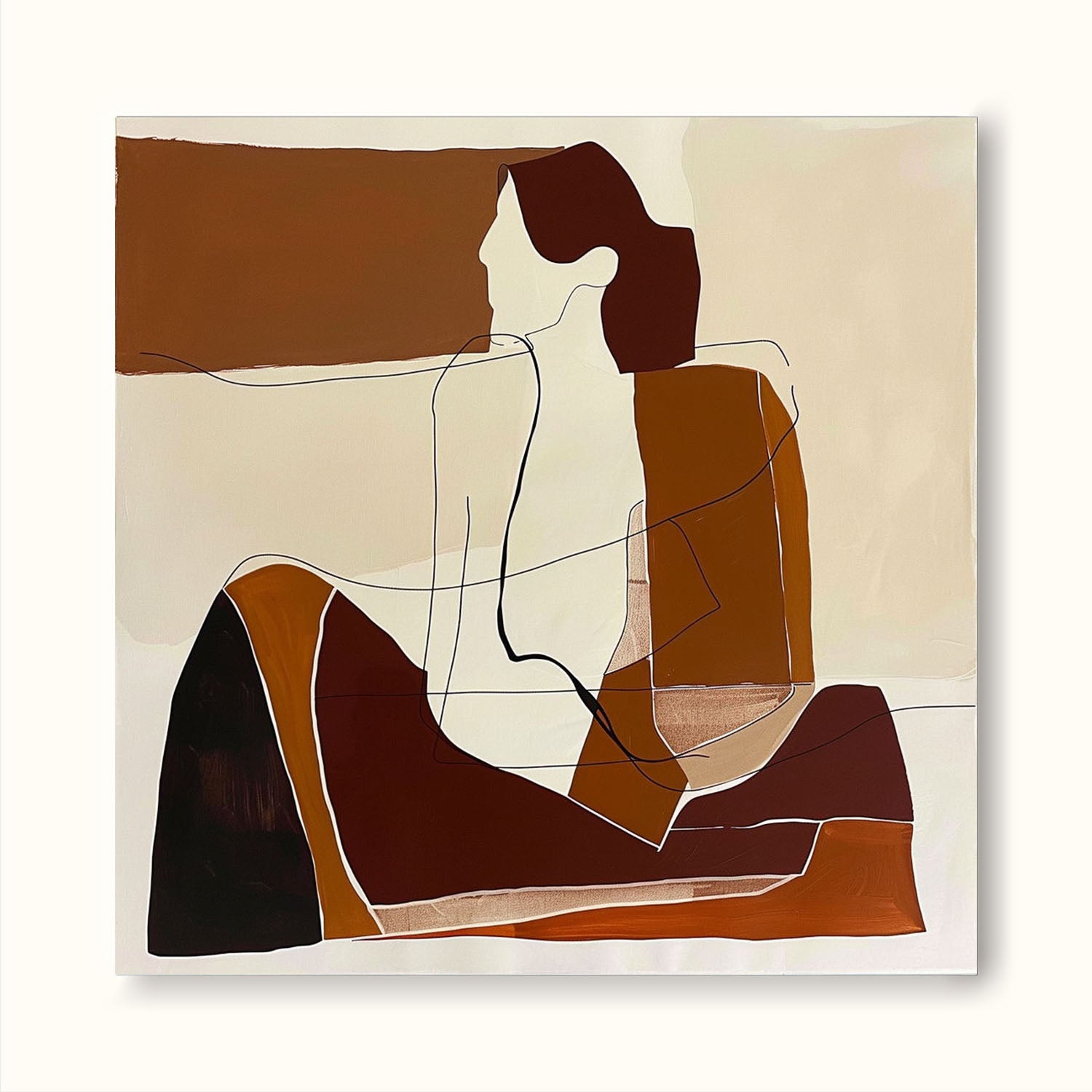 Vintage Minimalist Art Vintage Human Art Large Beige And Brown Abstract Lady Painting Original Woman Face