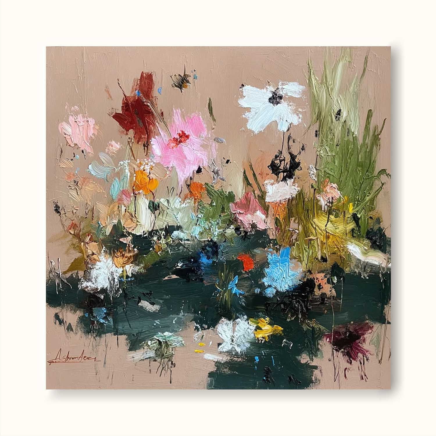 Large Square Floral Abstract Oil Painting With Heavy Impasto Sculptural Strokes For Modern Art Gallery Decor