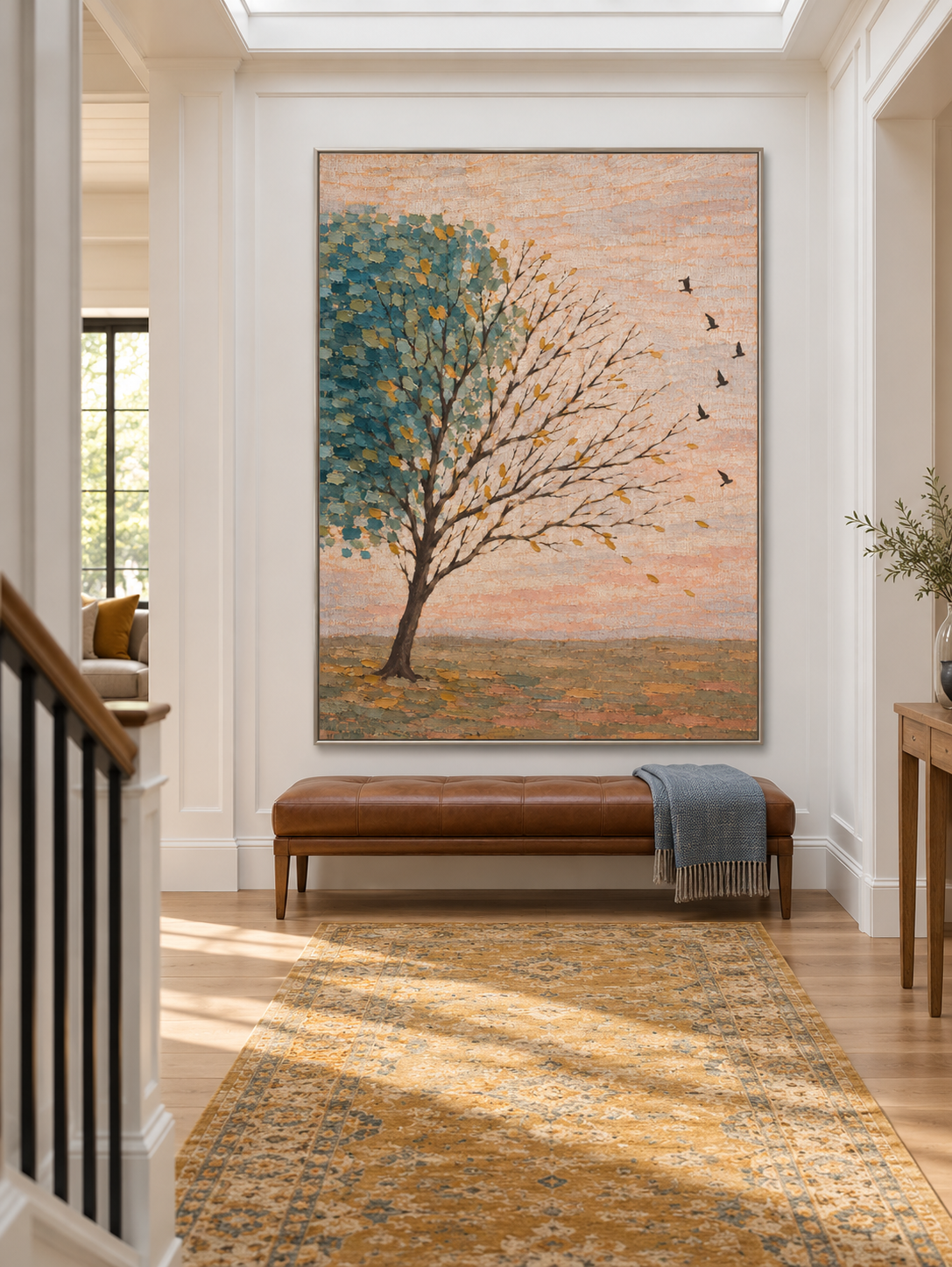 Hand Painted Teal Tree Landscape Wall Art Large Modern Nature Canvas Artwork