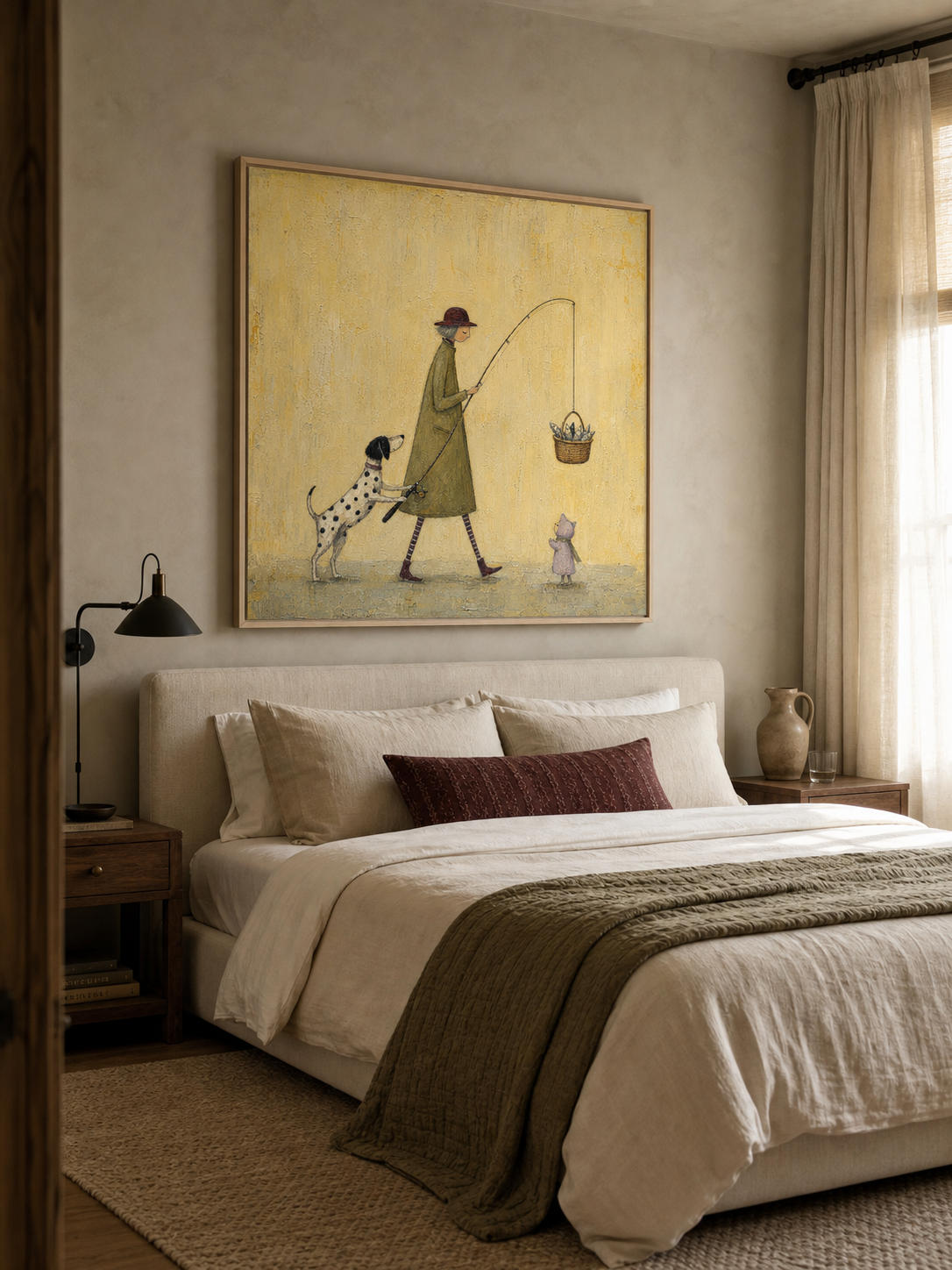 Whimsical Dog Fishing Painting For Kids Room Vintage Style Square Canvas Art