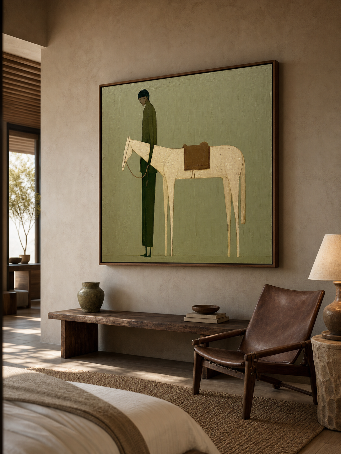 Vintage Green Horse Painting Original Oil On Linen For Modern Home Decor