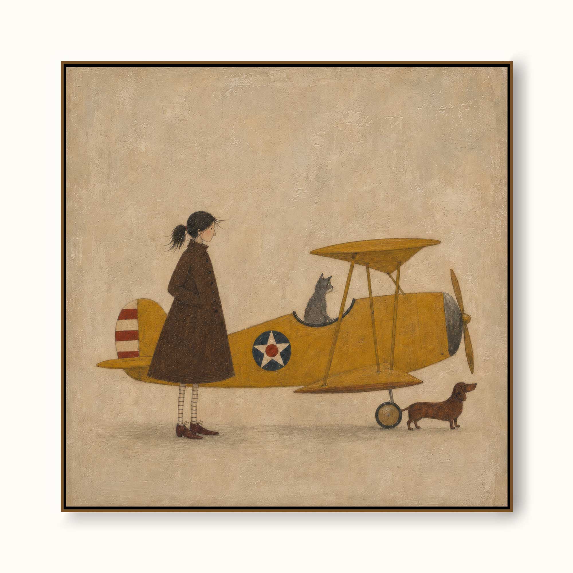 Whimsical Vintage Airplane Painting With Cat And Dog For Eclectic Home Decor