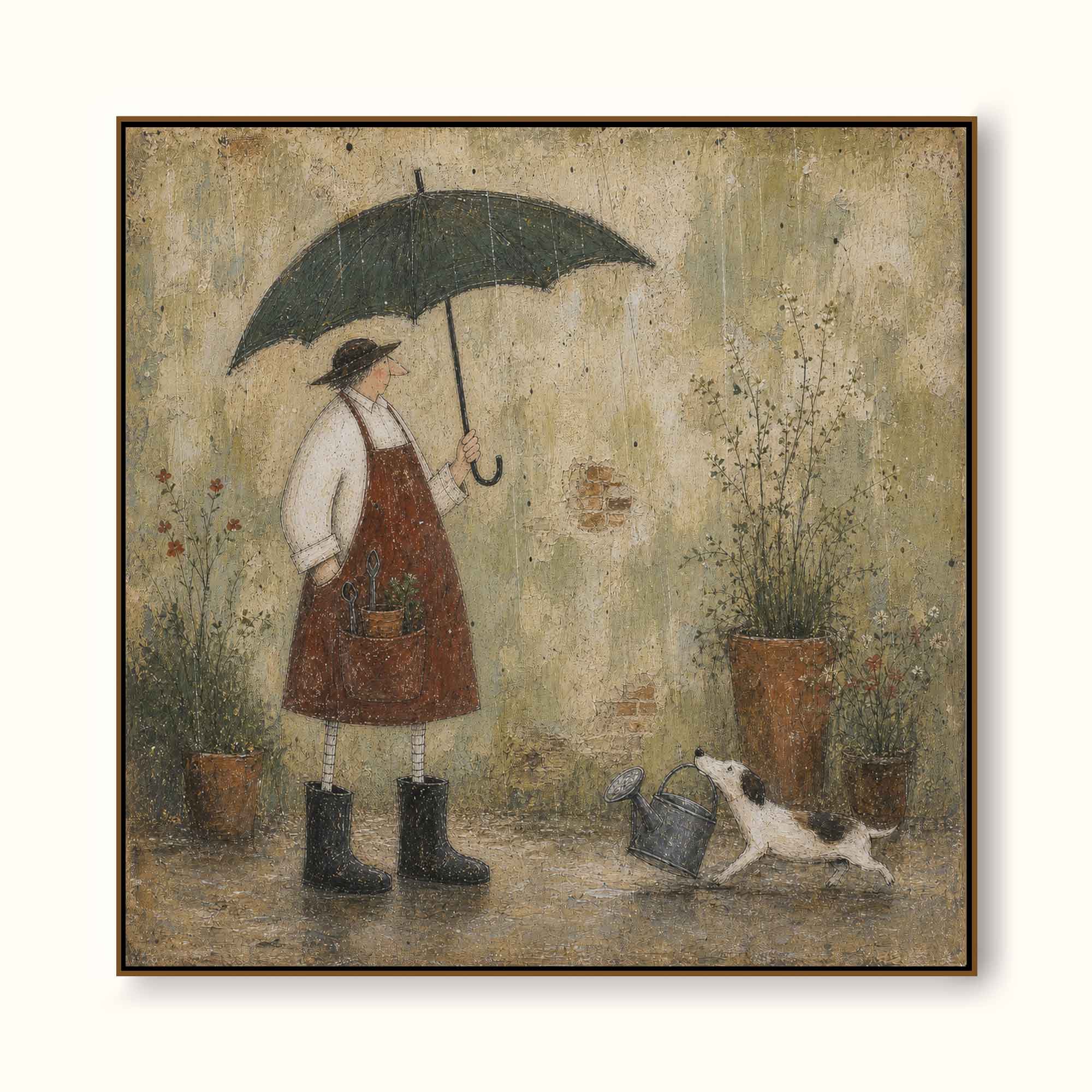Vintage Gardener With Dog Painting In Earthy Tones For Cozy Home Decor