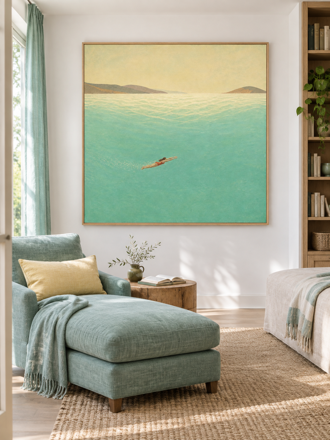 Minimalist Diving Art Original Oil Painting Beige And Green Tones