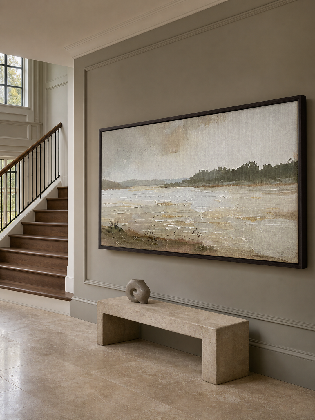 Vintage Abstract Landscape Painting With Beige And Gray Tones For Modern Home Decor