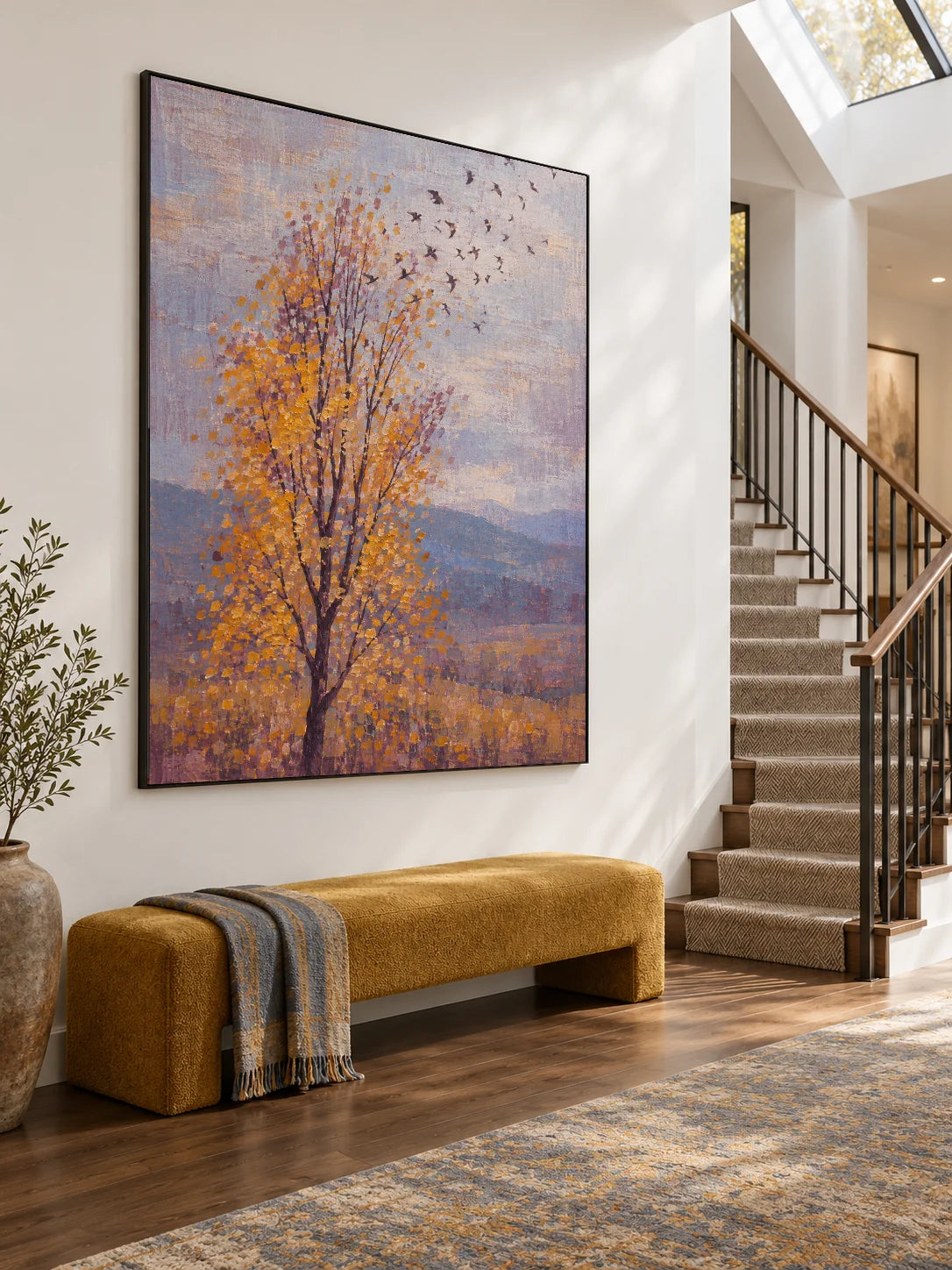 Hand-Painted Golden Tree And Birds Canvas Wall Art For Living Room