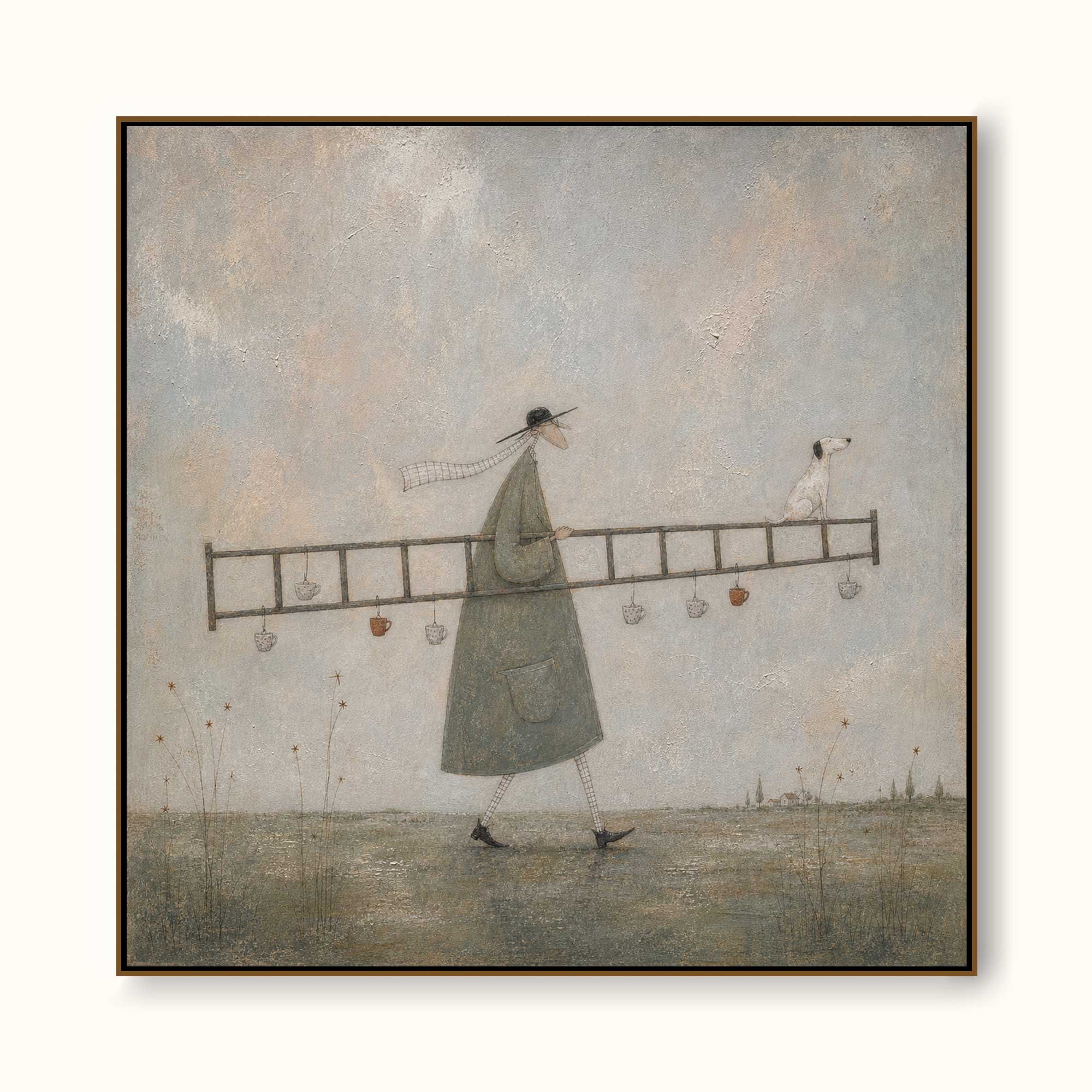 Original Man With Ladder Oil Painting Handmade Whimsical Wall Art For Living Room