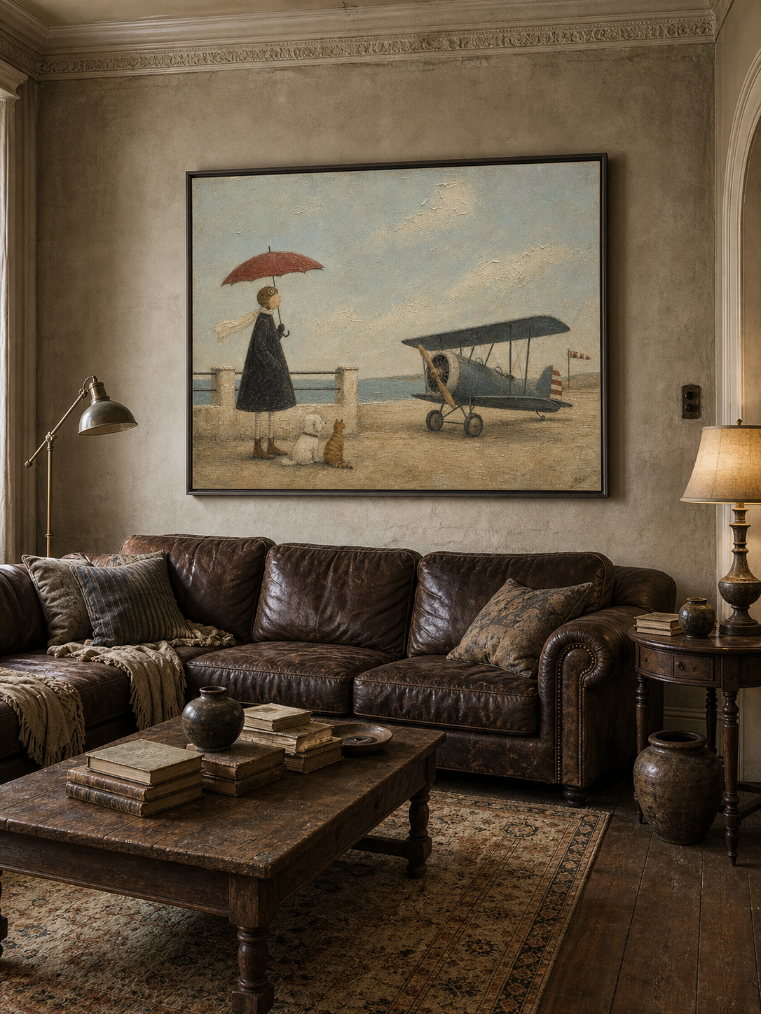 Whimsical Vintage Airplane Painting With Dog And Cat For Coastal Home Decor Art