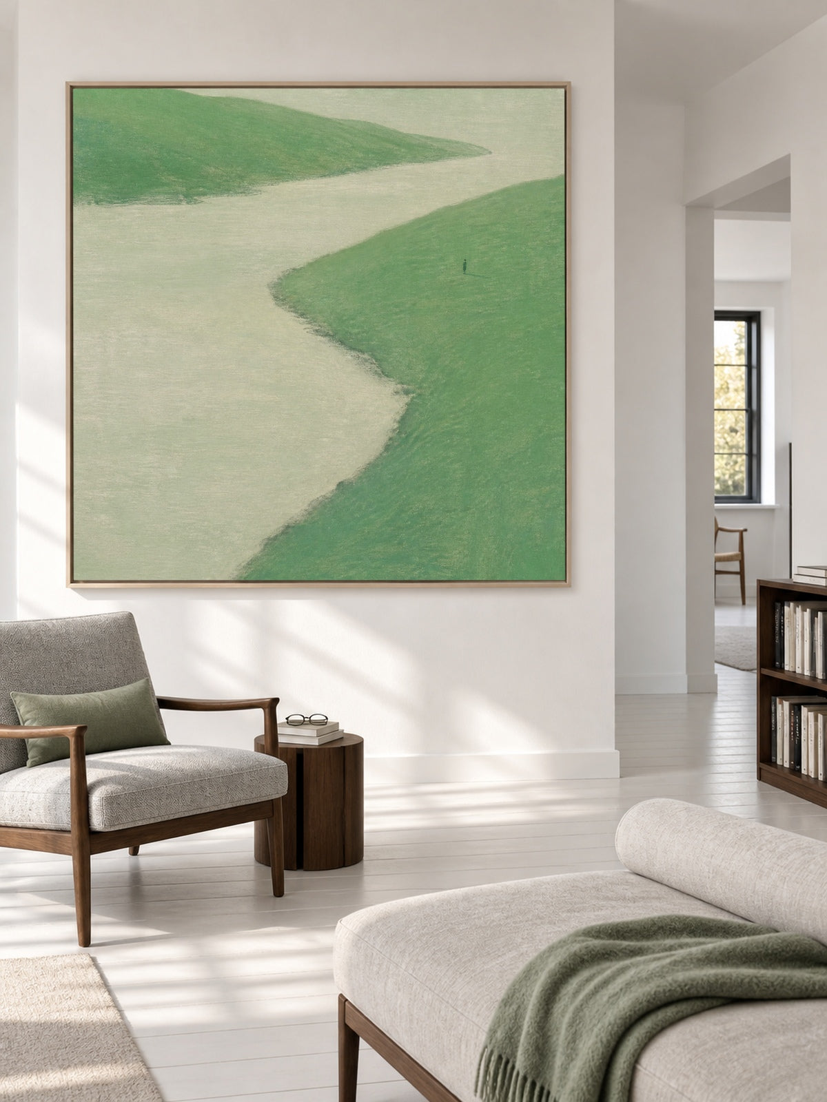 Fresh Green River Bend Canvas Art With Lone Figure For Calm Bedroom Decor