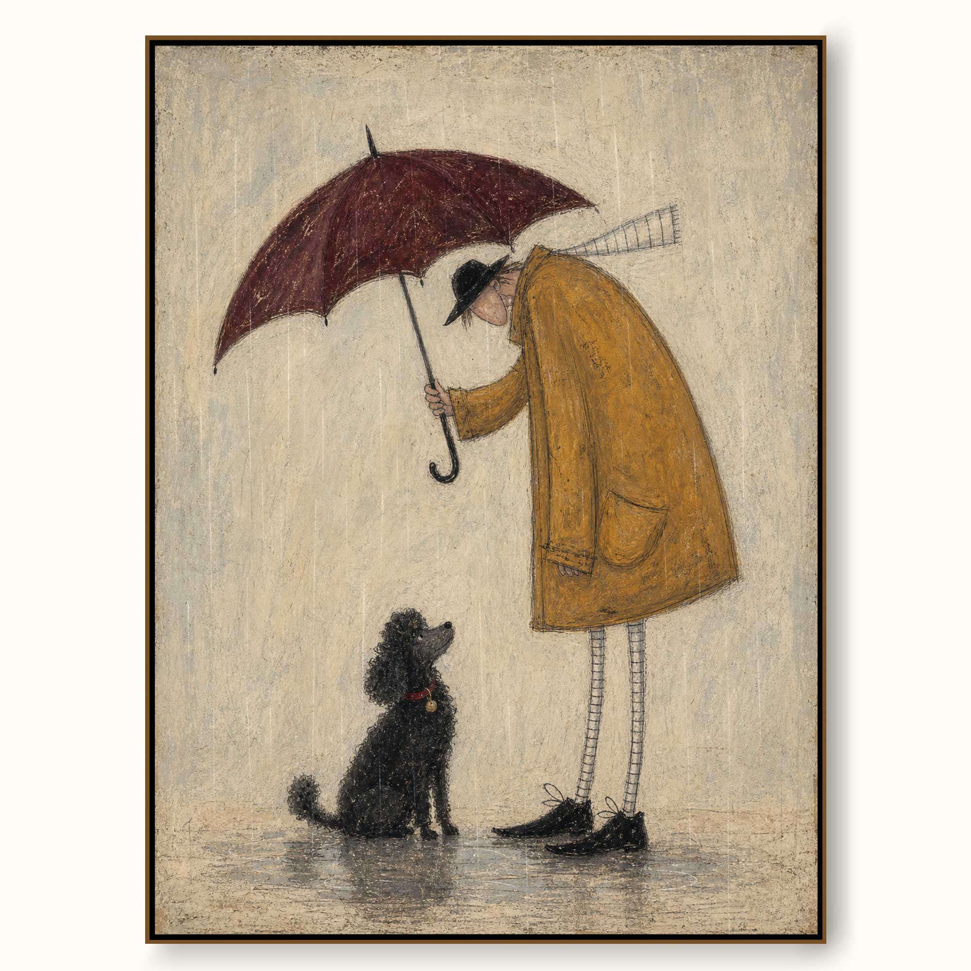 Original Hand-Painted Man And Black Poodle Wall Art, Rainy Day Companion Painting